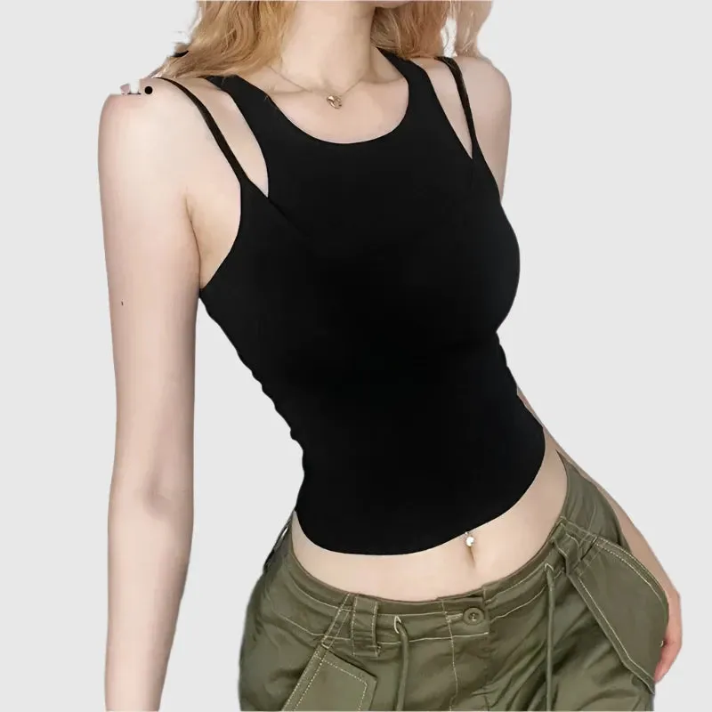 Fake Two Piece Crop Tops for Women Summer Fashion White Black Womans Tank Tops Basics Casual Clothes P71-BB15