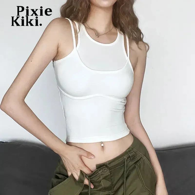 Fake Two Piece Crop Tops for Women Summer Fashion White Black Womans Tank Tops Basics Casual Clothes P71-BB15