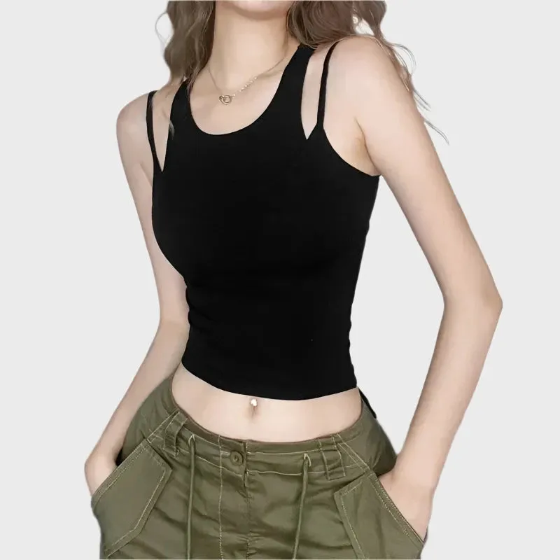 Fake Two Piece Crop Tops for Women Summer Fashion White Black Womans Tank Tops Basics Casual Clothes P71-BB15