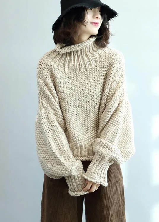 Fashion beige knit tops high neck lantern sleeve trendy plus size knit tops