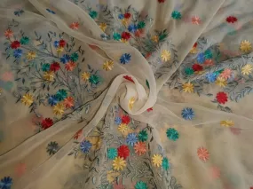 Georgette Embroidery Fabric Cream With Multi Color Floral  44" wide