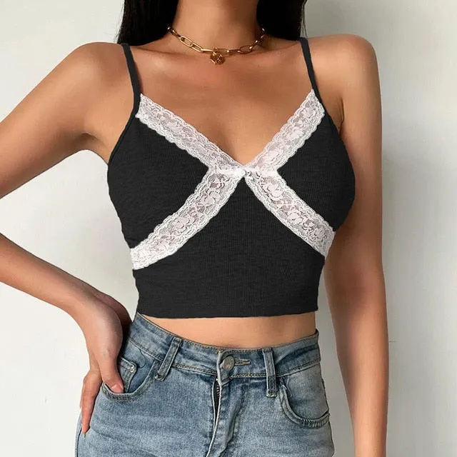 Home Fashion Women Lace Patchwork Crop Top V Neck Sexy Skinny Sleeveless