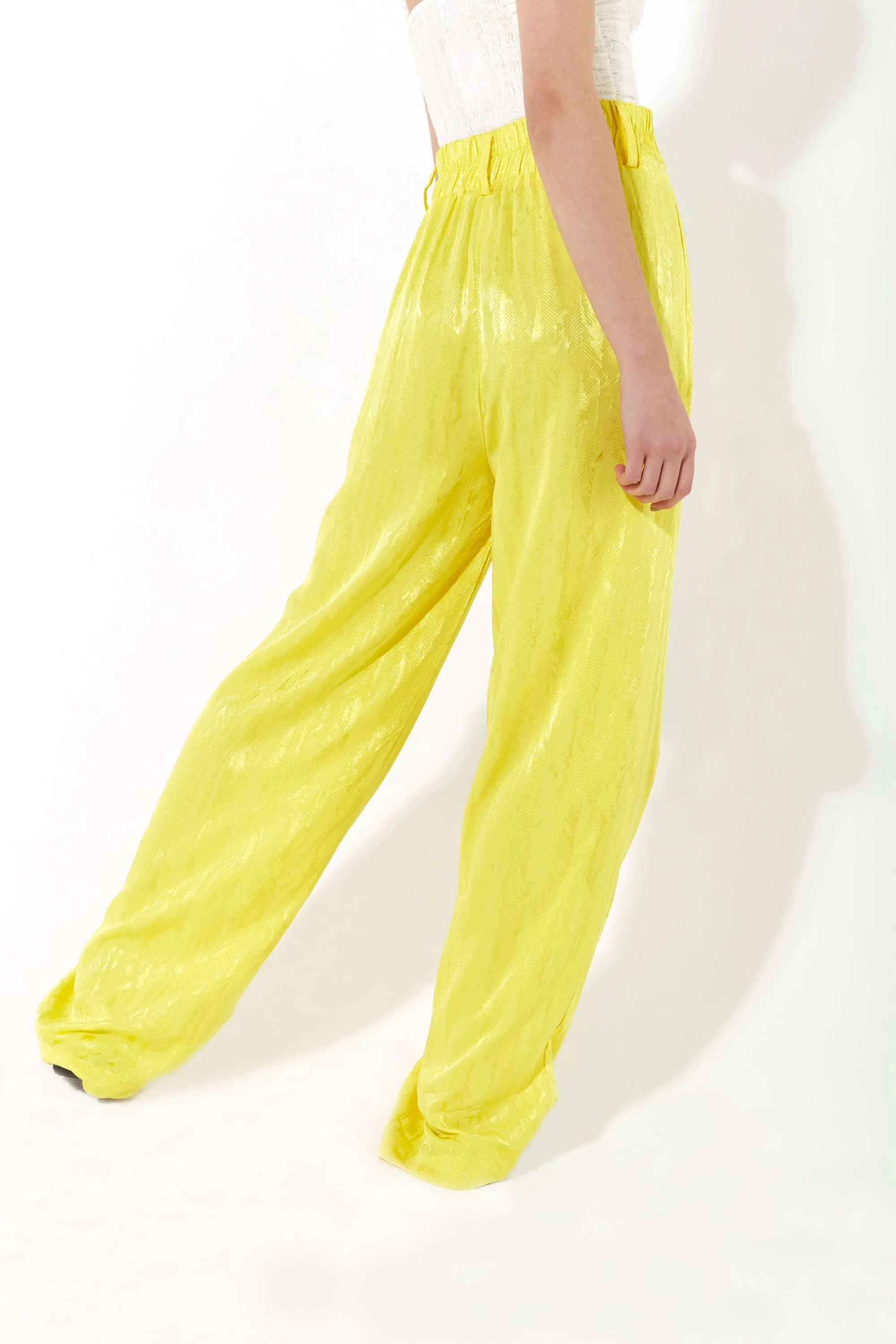 House of Holland Wide Leg High Waisted Jacquard Trousers in Neon Yellow