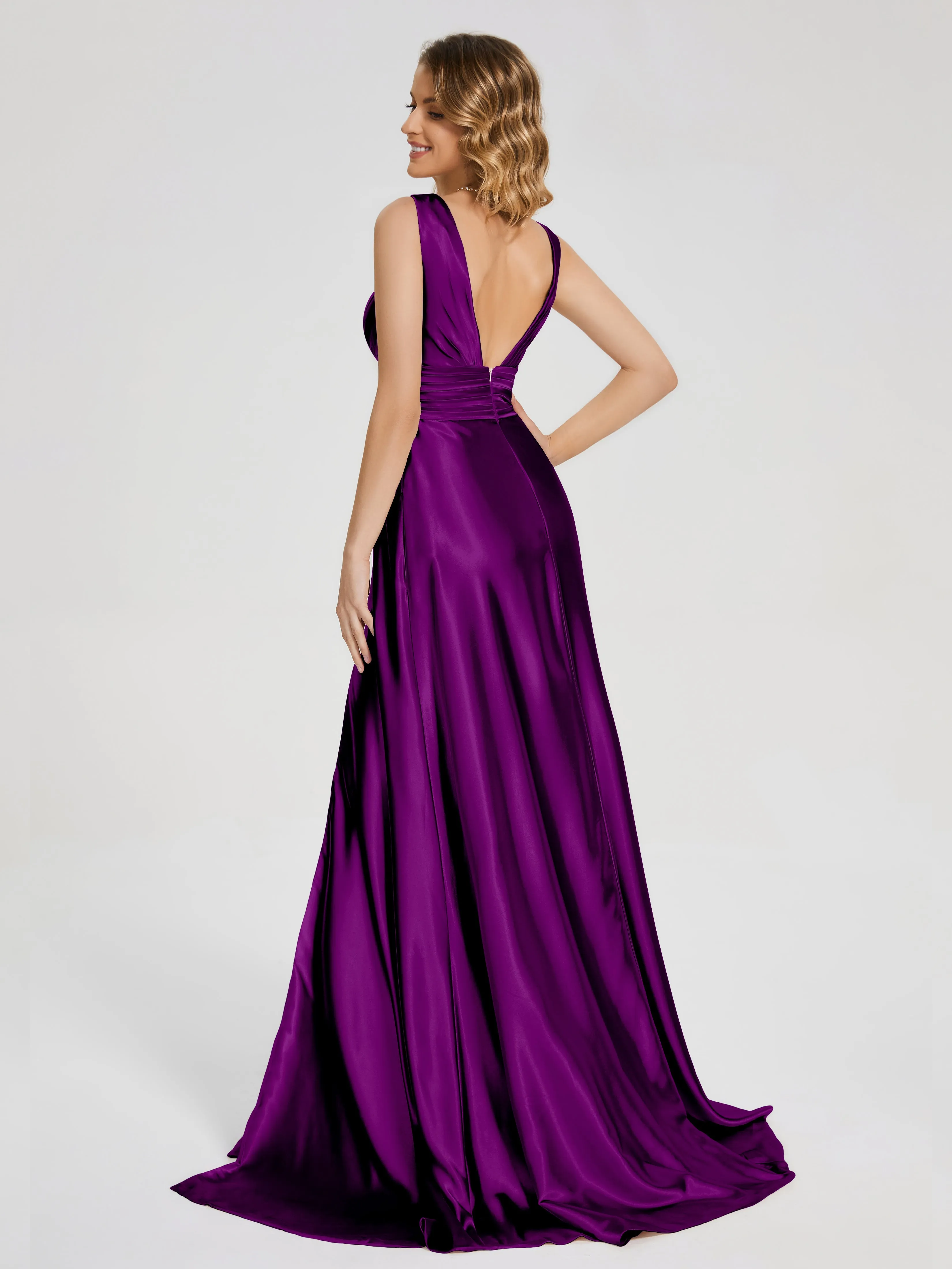 Kali Gorgeous Sweep Train Long Soft Satin Dresses