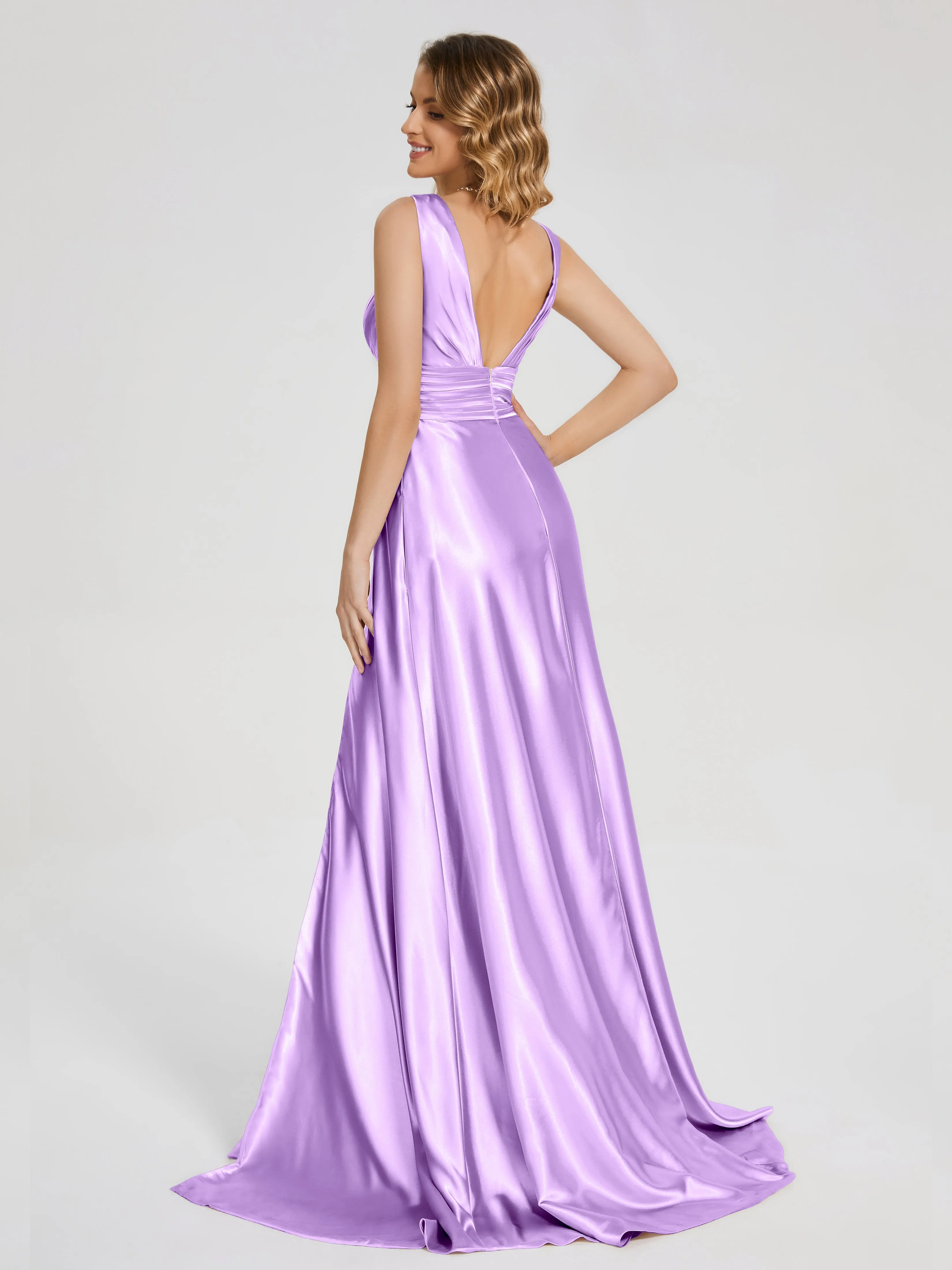 Kali Gorgeous Sweep Train Long Soft Satin Dresses