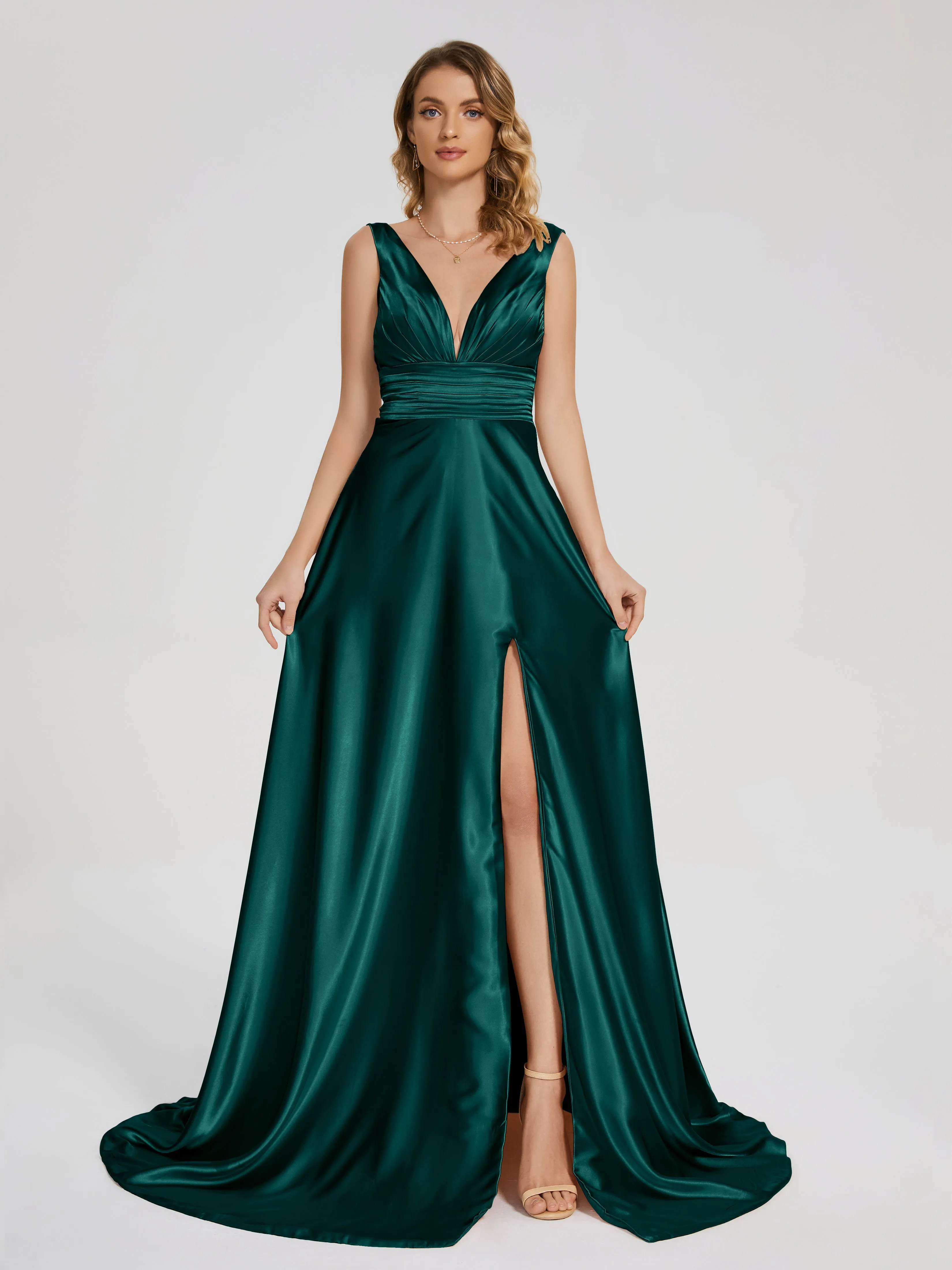 Kali Gorgeous Sweep Train Long Soft Satin Dresses