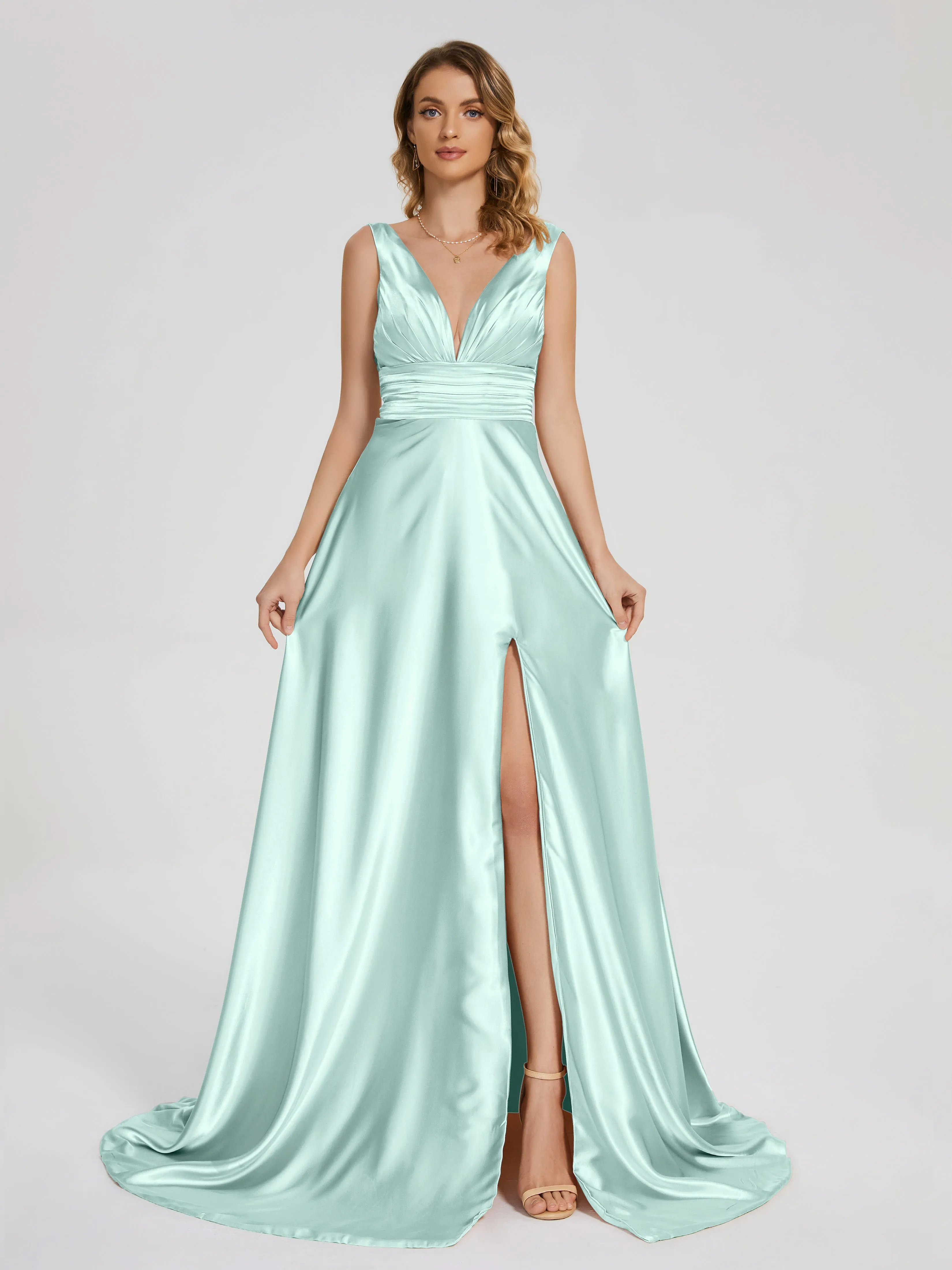 Kali Gorgeous Sweep Train Long Soft Satin Dresses