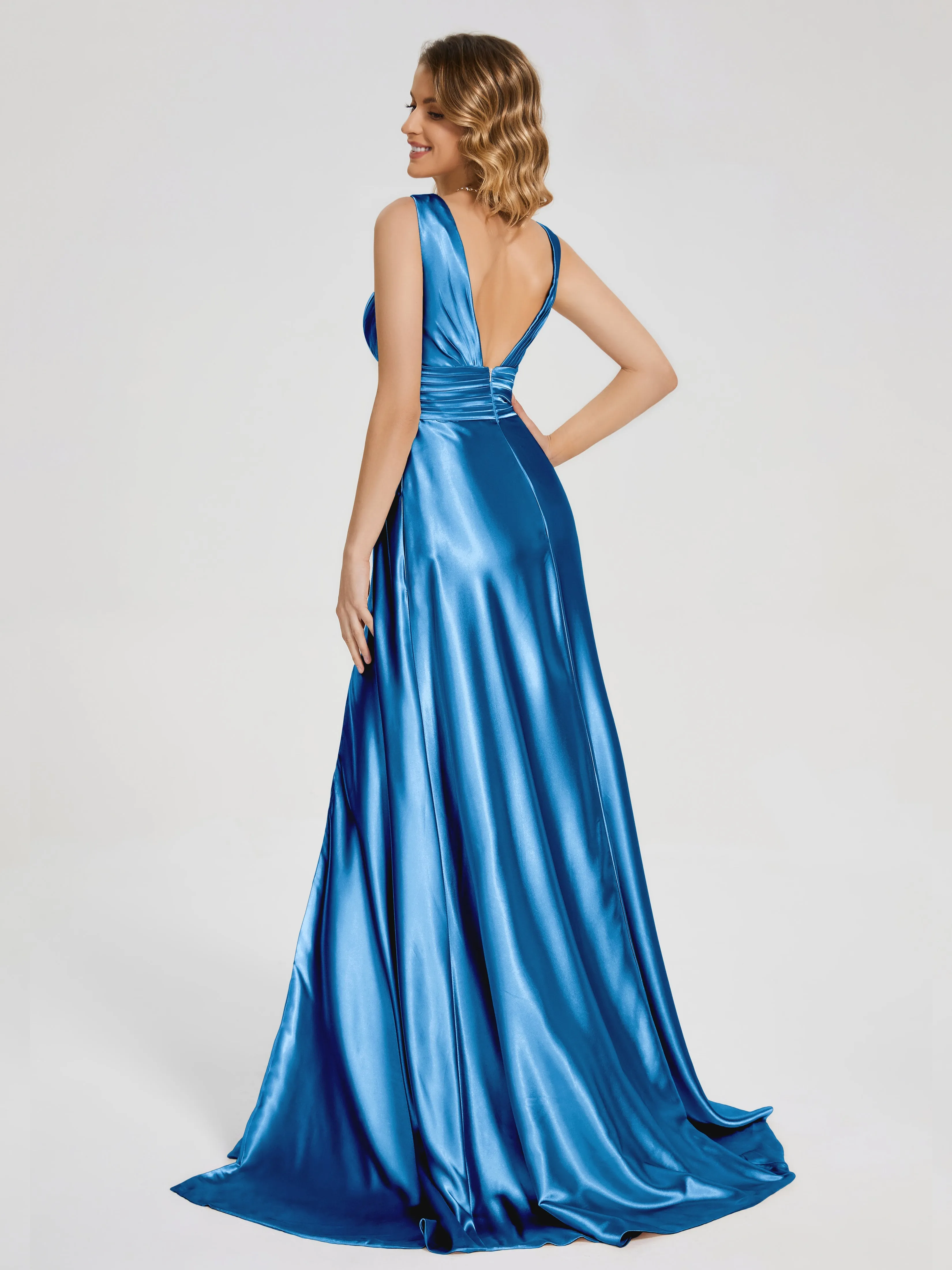 Kali Gorgeous Sweep Train Long Soft Satin Dresses