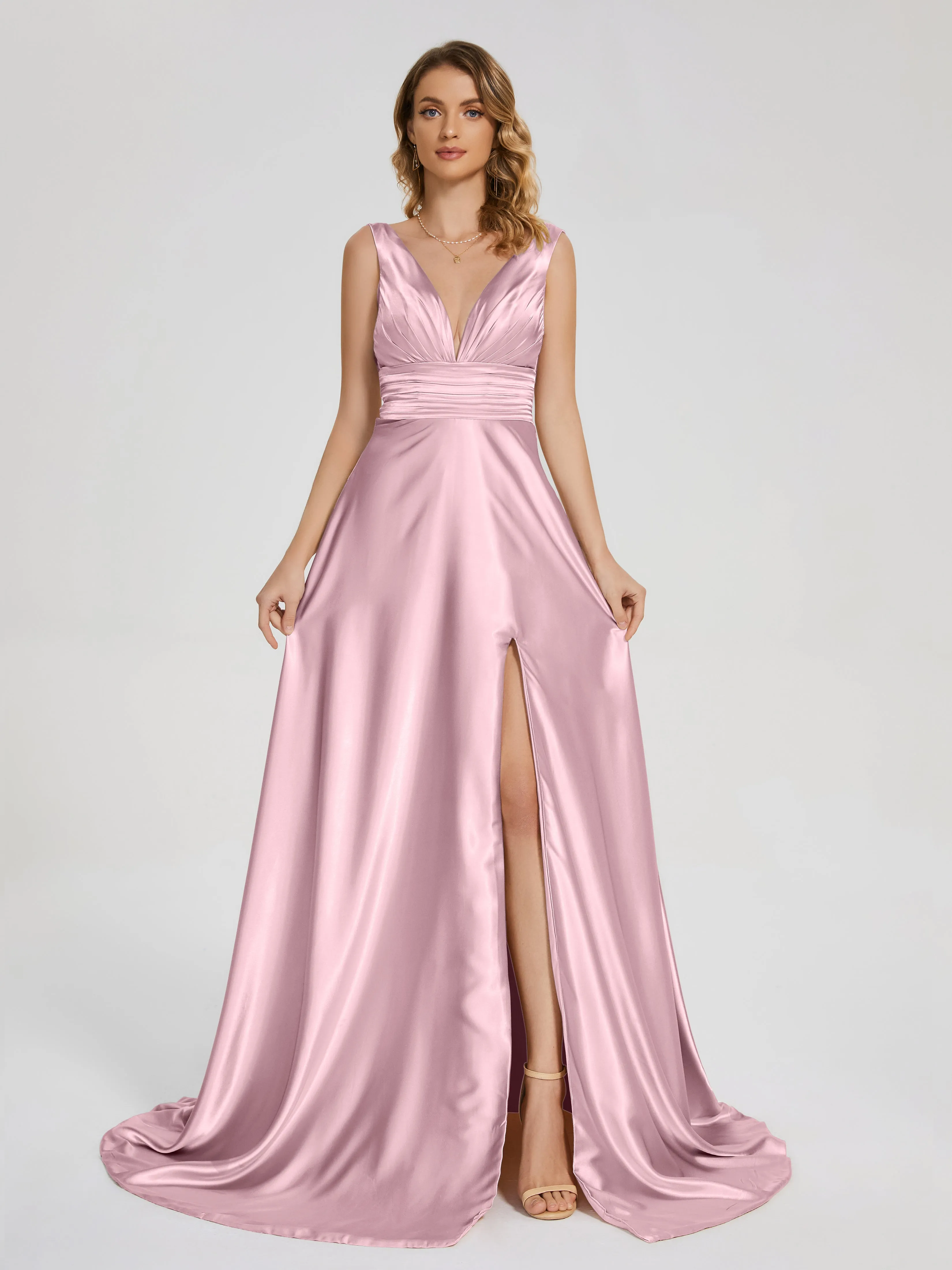 Kali Gorgeous Sweep Train Long Soft Satin Dresses