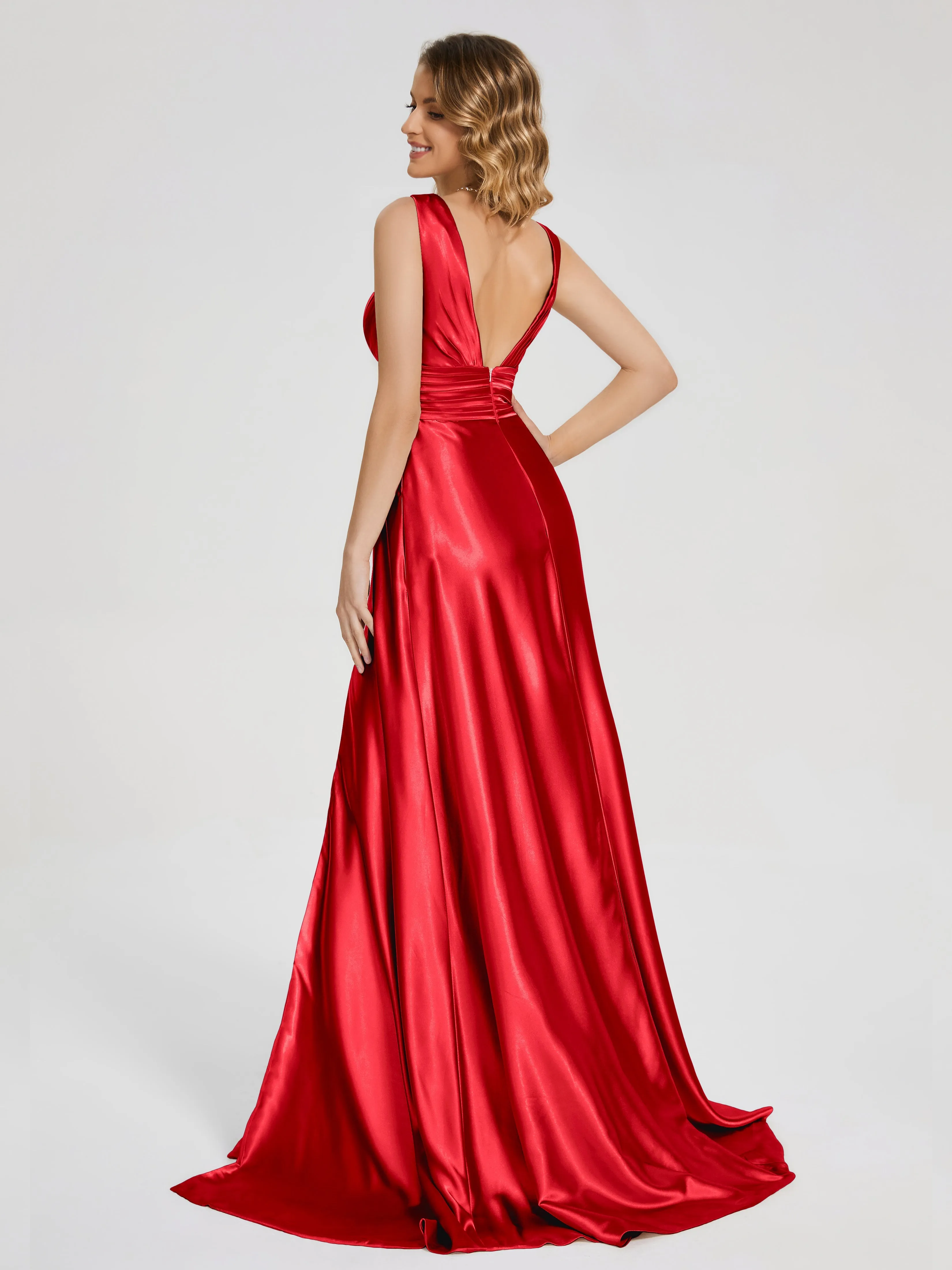 Kali Gorgeous Sweep Train Long Soft Satin Dresses