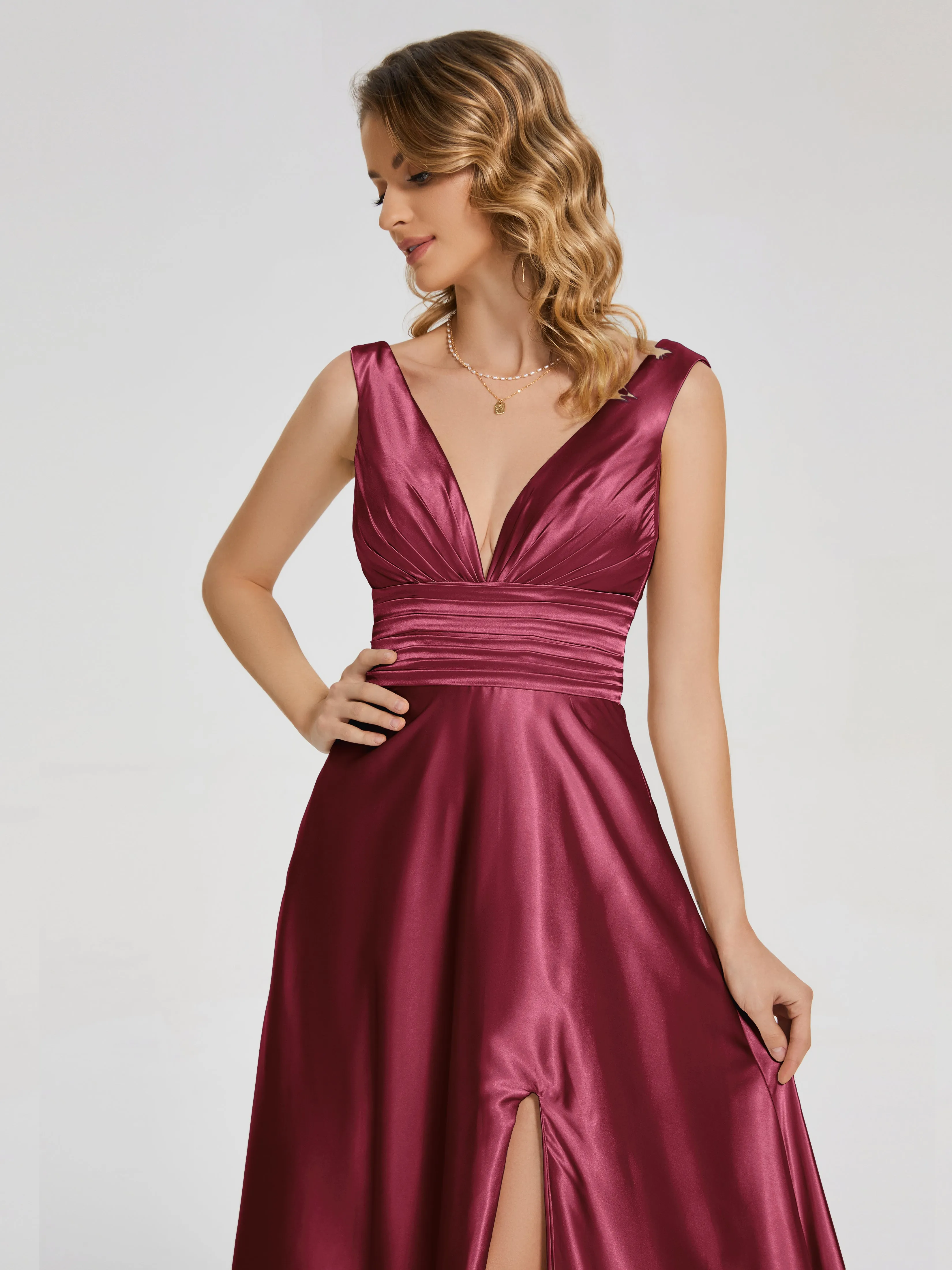 Kali Gorgeous Sweep Train Long Soft Satin Dresses