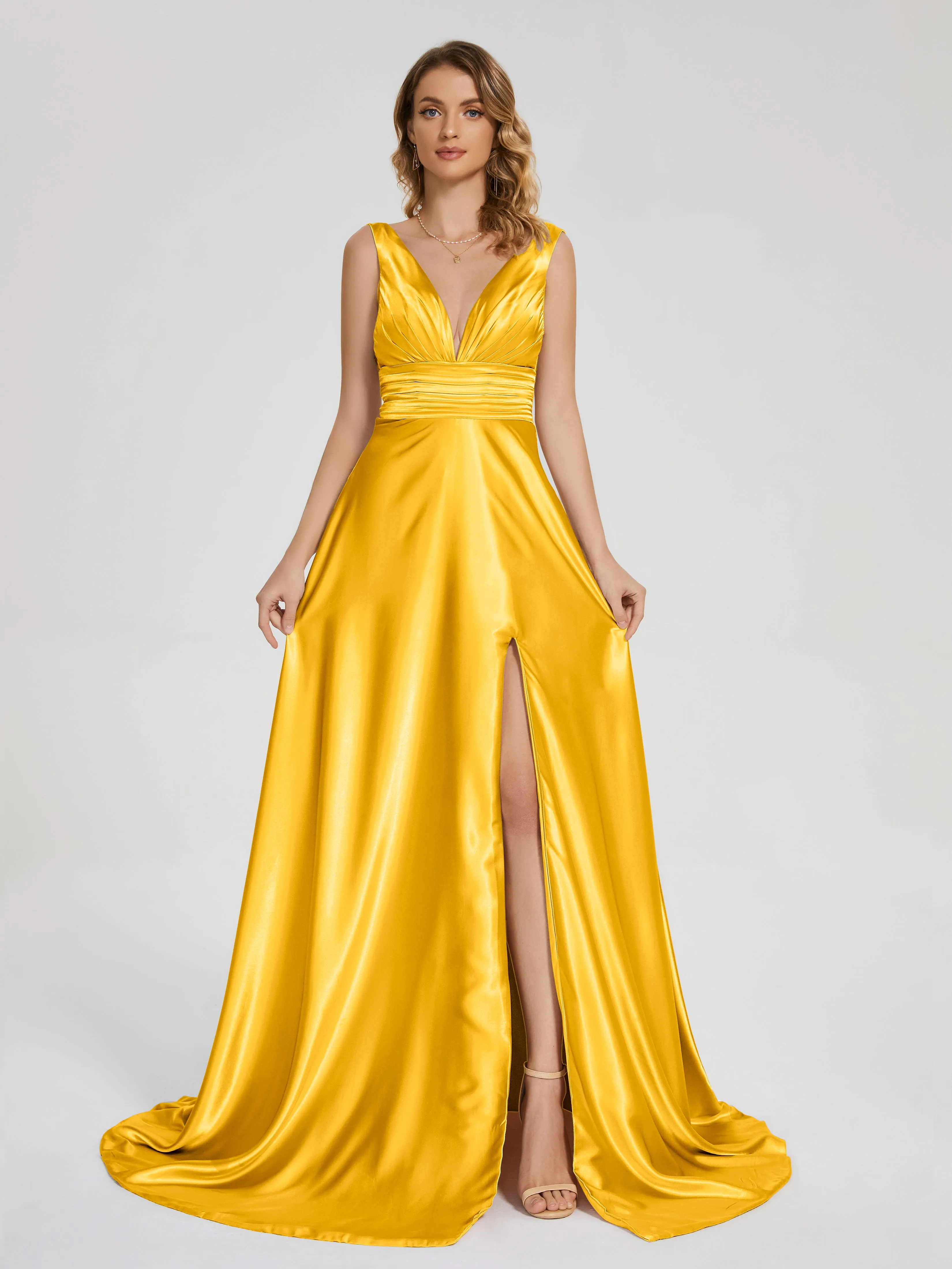 Kali Gorgeous Sweep Train Long Soft Satin Dresses