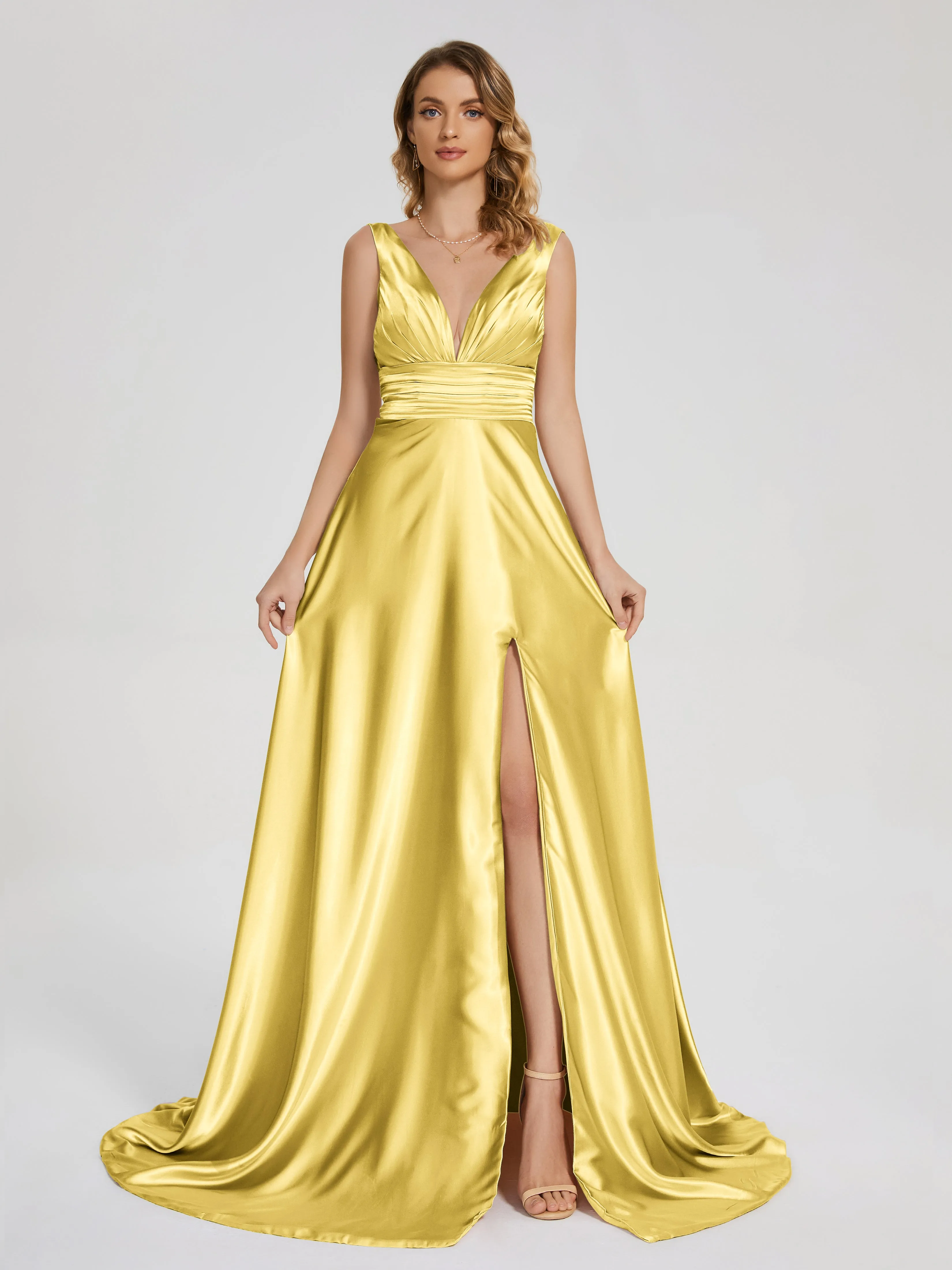 Kali Gorgeous Sweep Train Long Soft Satin Dresses