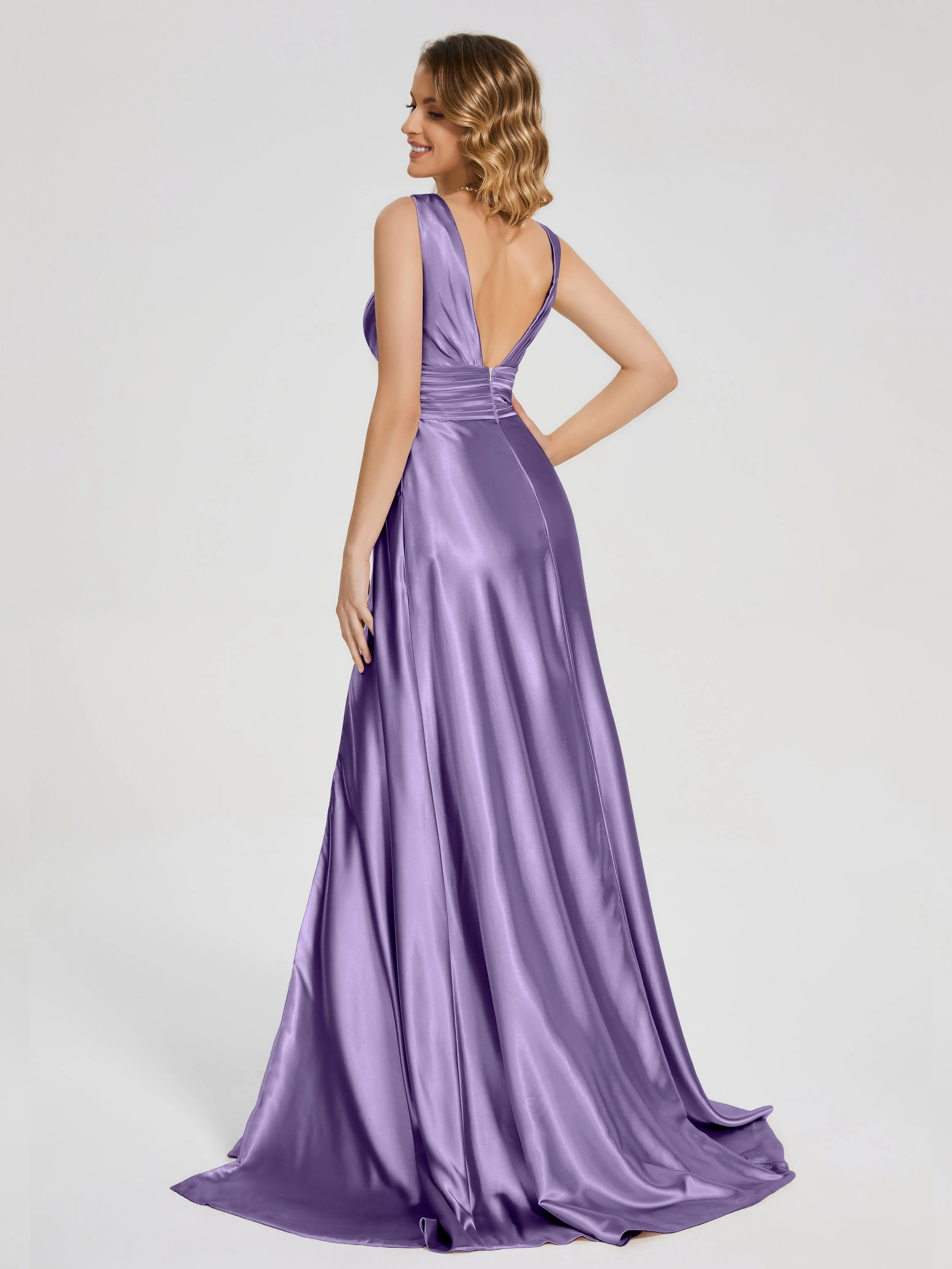 Kali Gorgeous Sweep Train Long Soft Satin Dresses