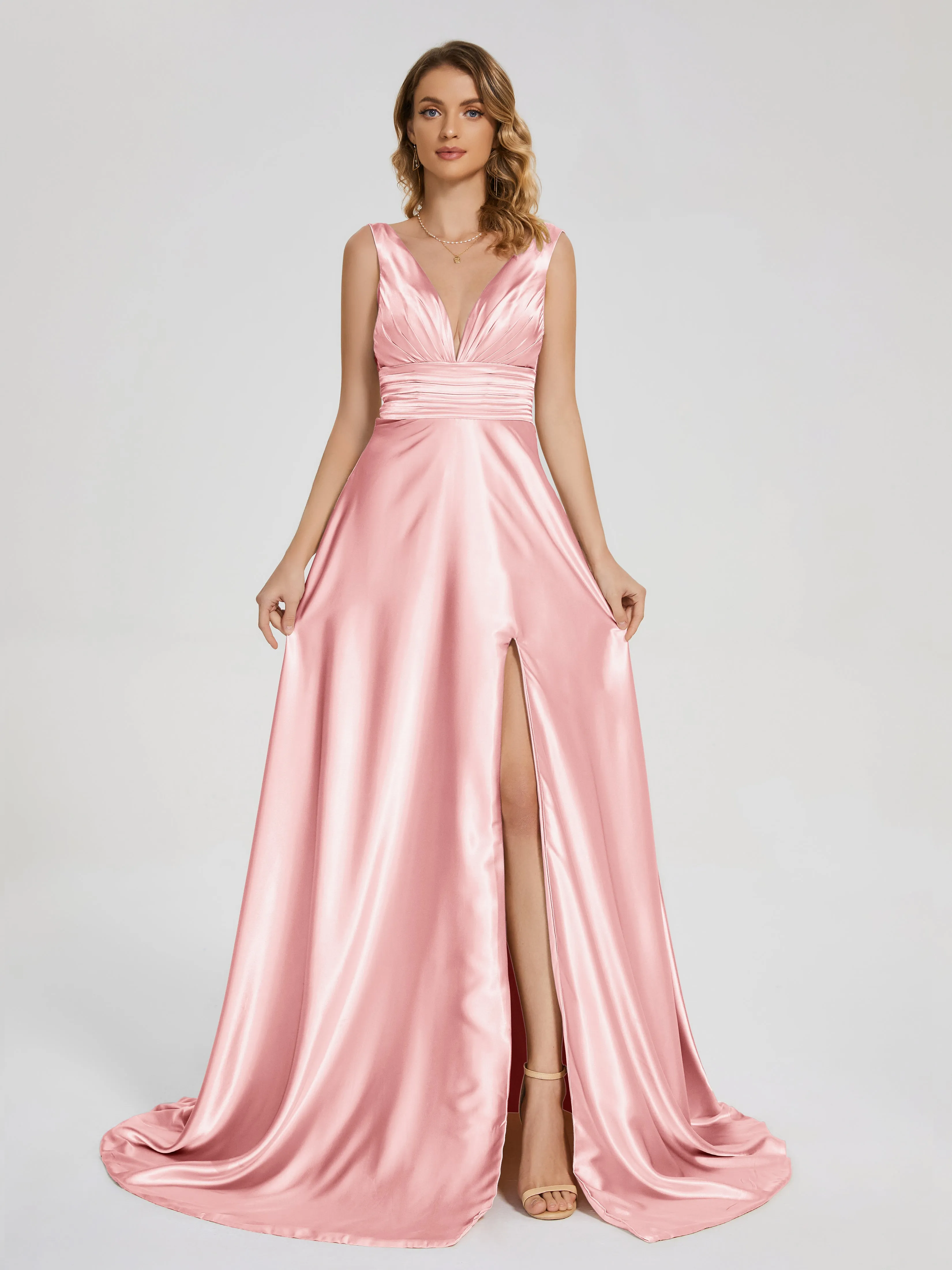 Kali Gorgeous Sweep Train Long Soft Satin Dresses