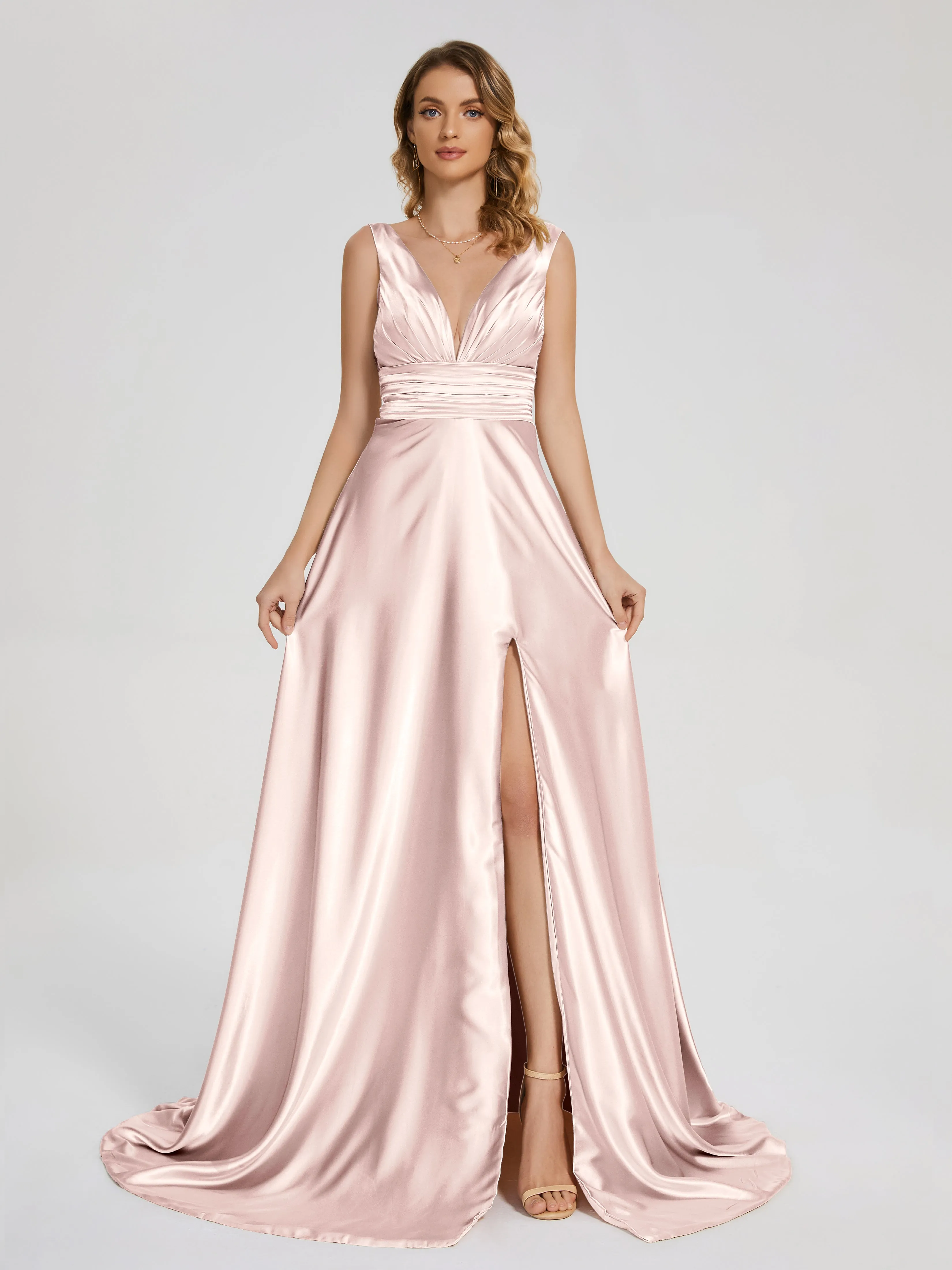 Kali Gorgeous Sweep Train Long Soft Satin Dresses