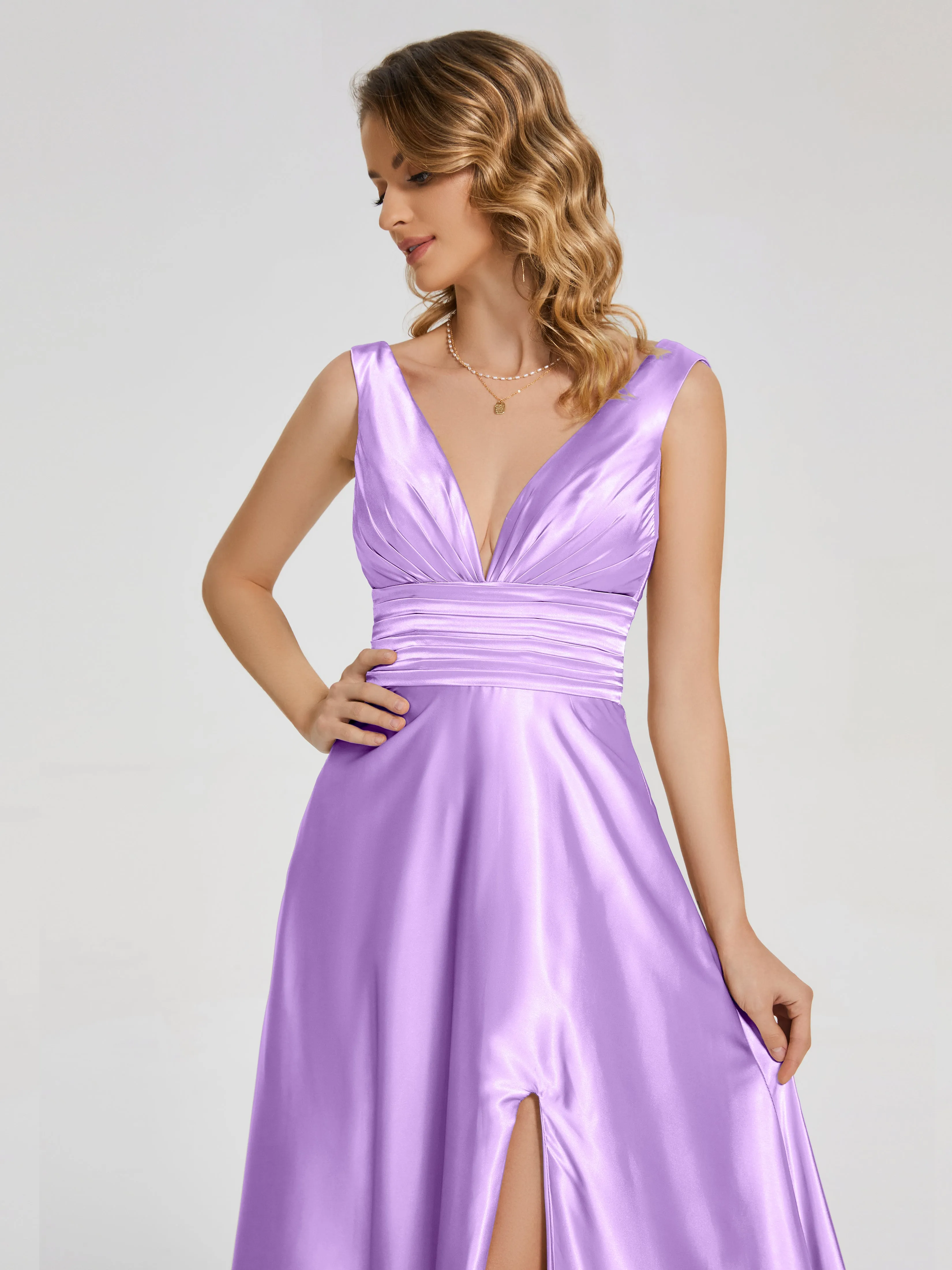 Kali Gorgeous Sweep Train Long Soft Satin Dresses