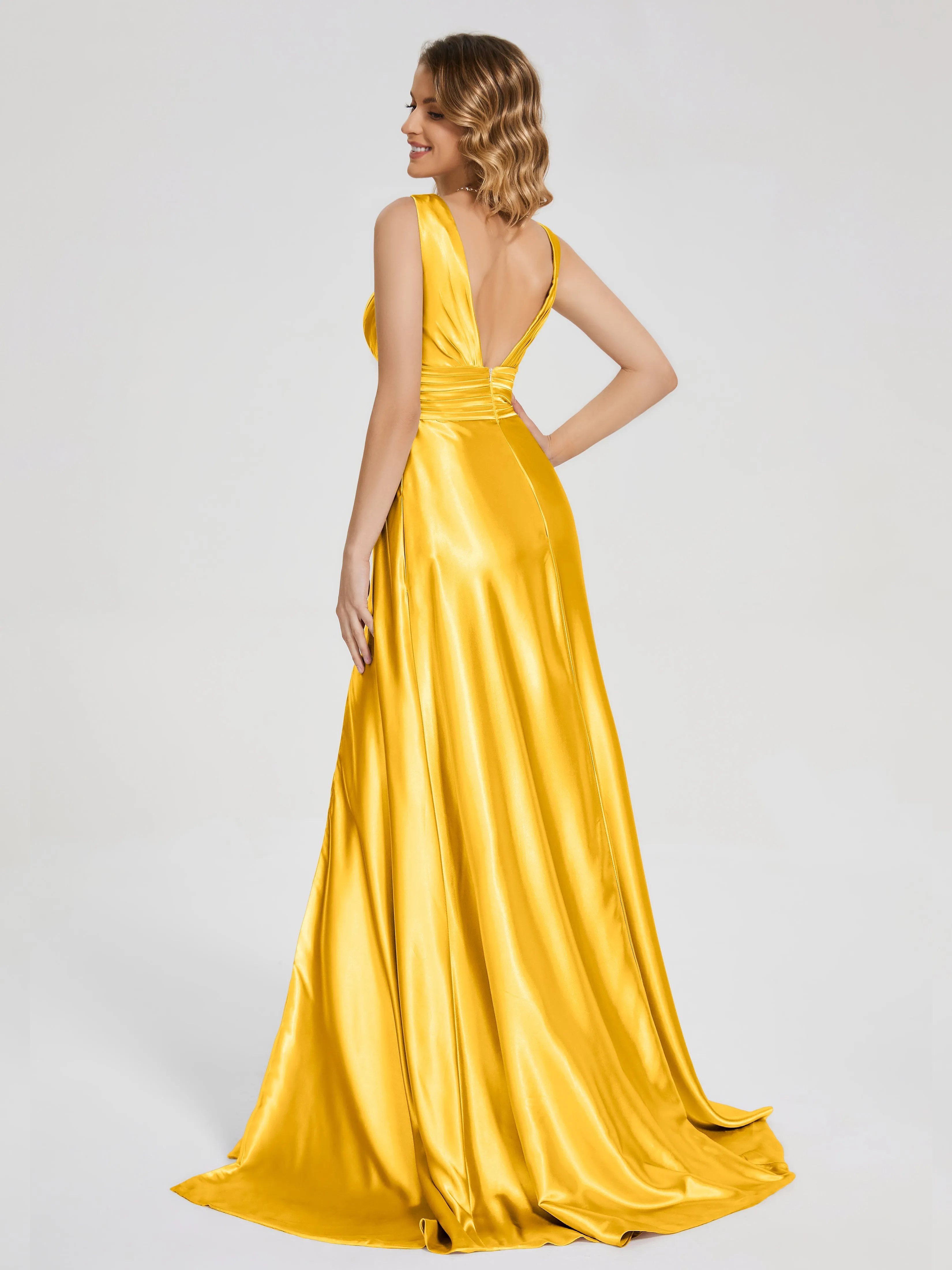 Kali Gorgeous Sweep Train Long Soft Satin Dresses