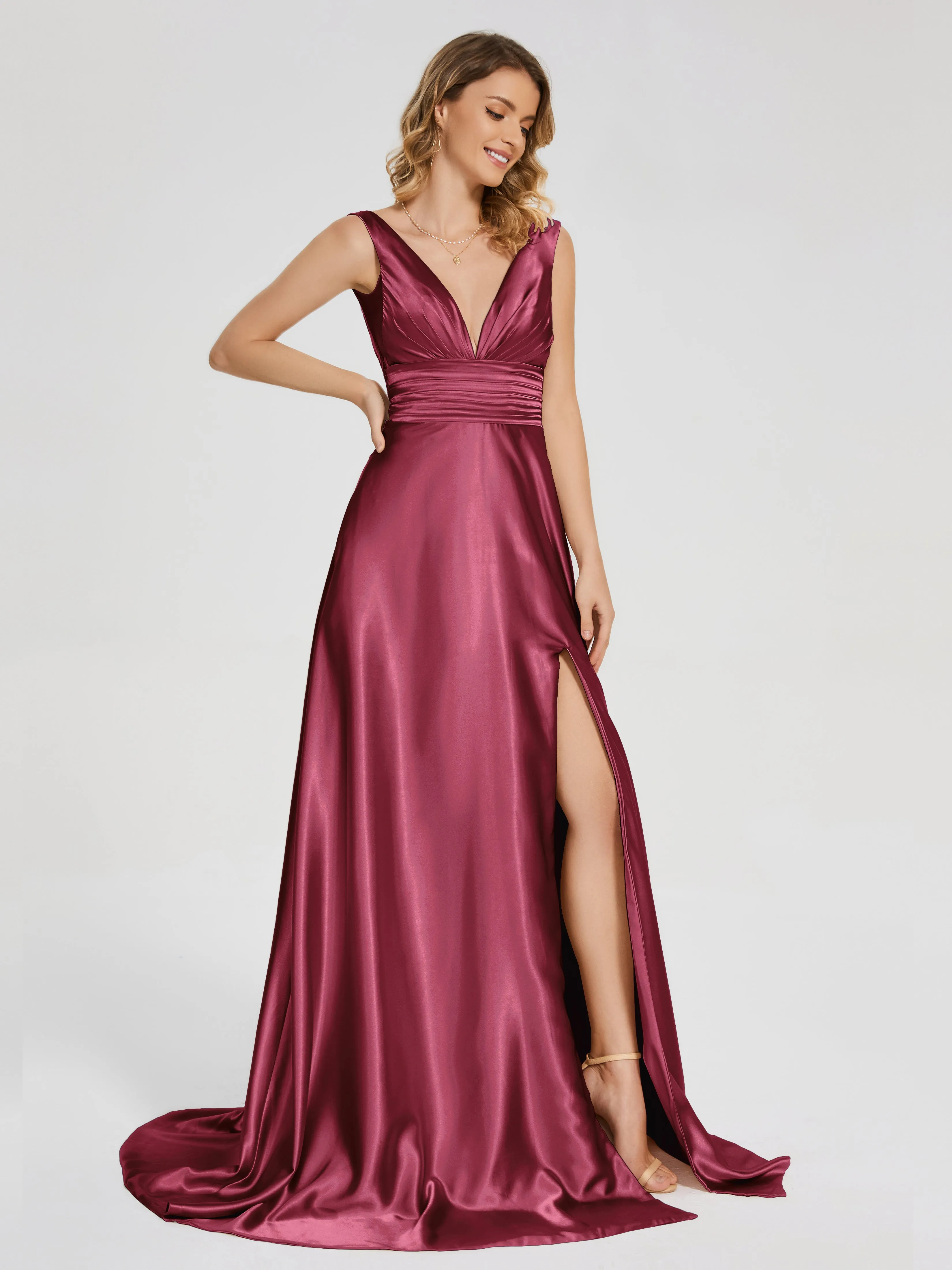 Kali Gorgeous Sweep Train Long Soft Satin Dresses