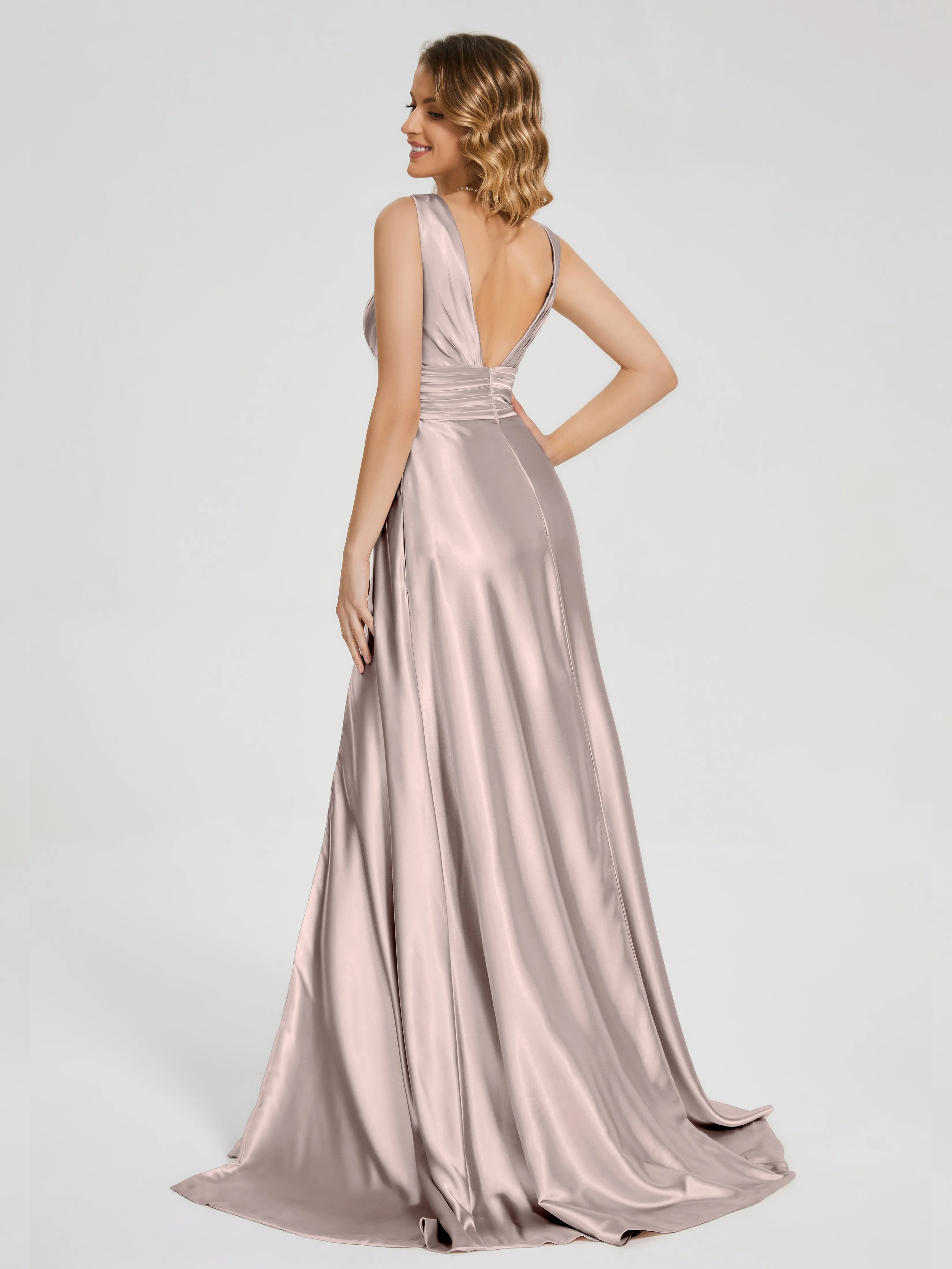 Kali Gorgeous Sweep Train Long Soft Satin Dresses