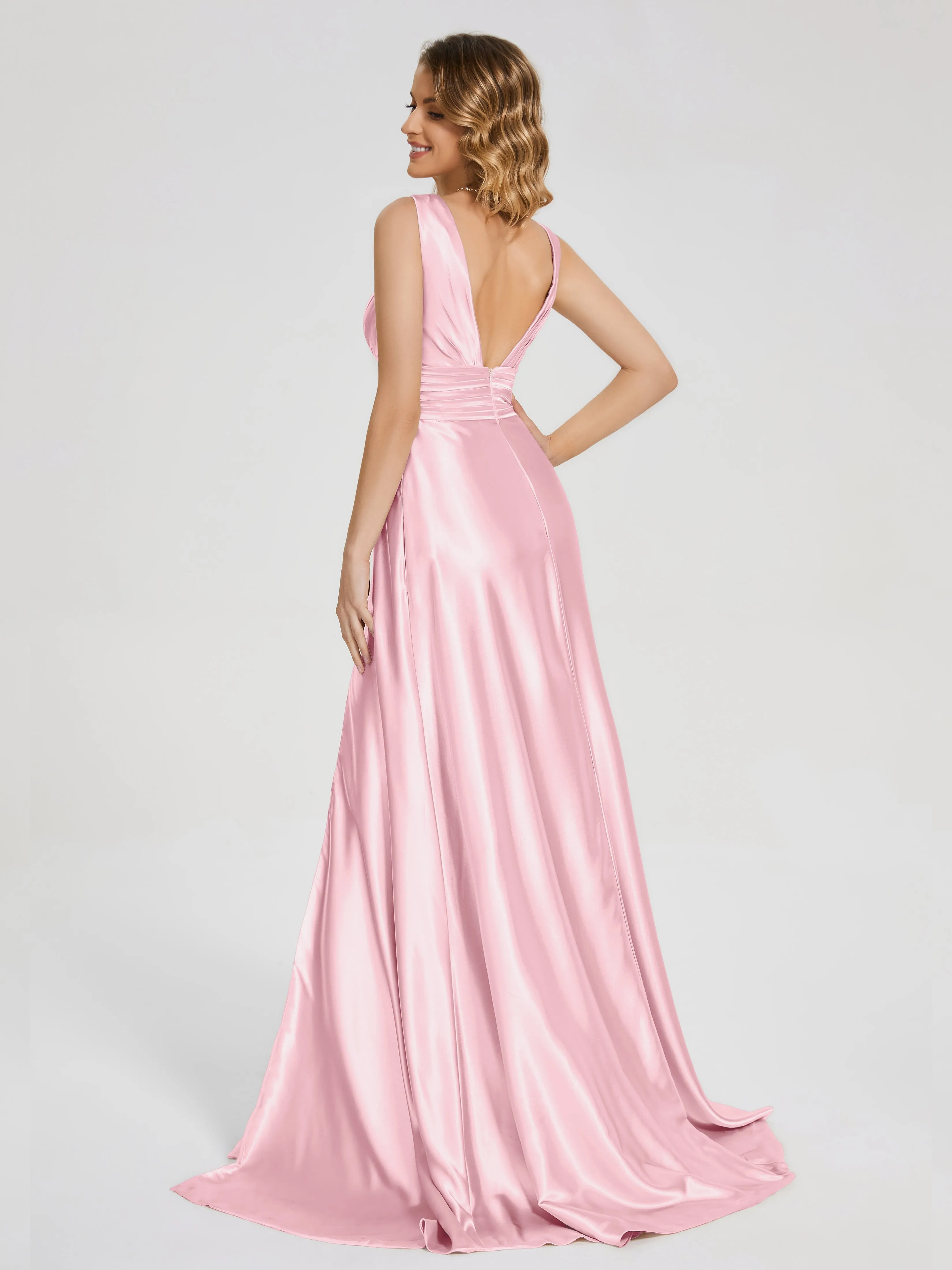 Kali Gorgeous Sweep Train Long Soft Satin Dresses