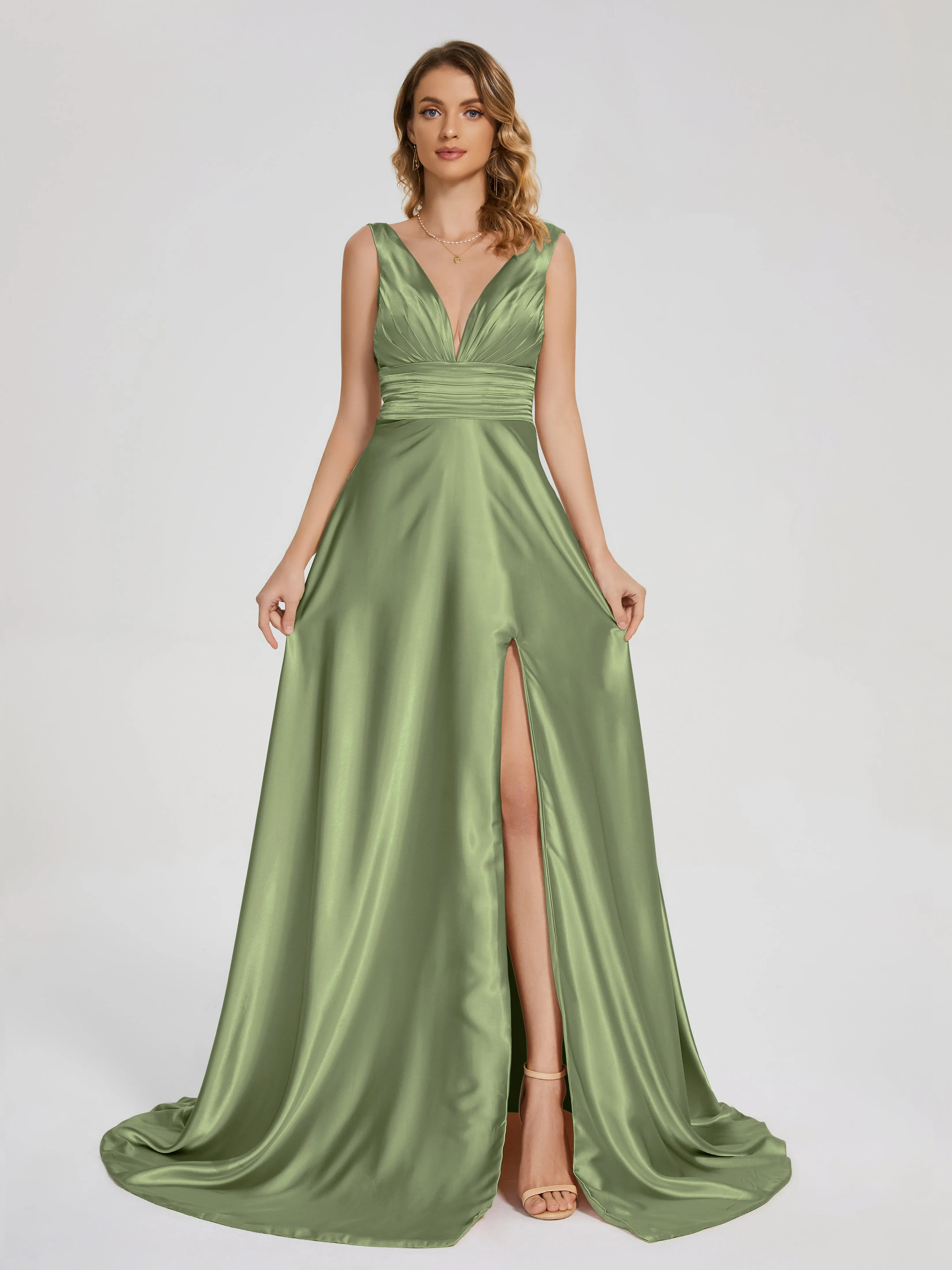 Kali Gorgeous Sweep Train Long Soft Satin Dresses