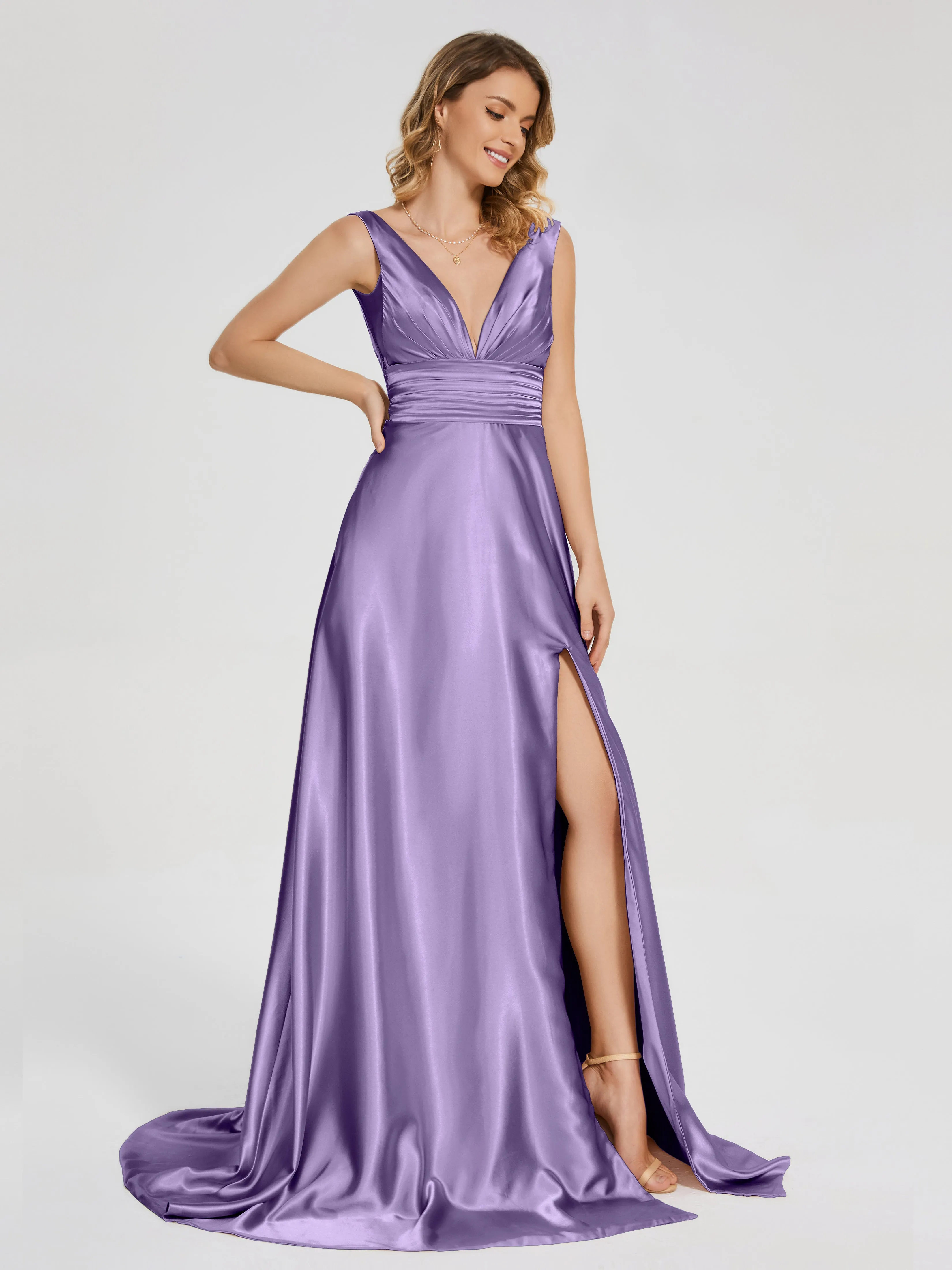 Kali Gorgeous Sweep Train Long Soft Satin Dresses