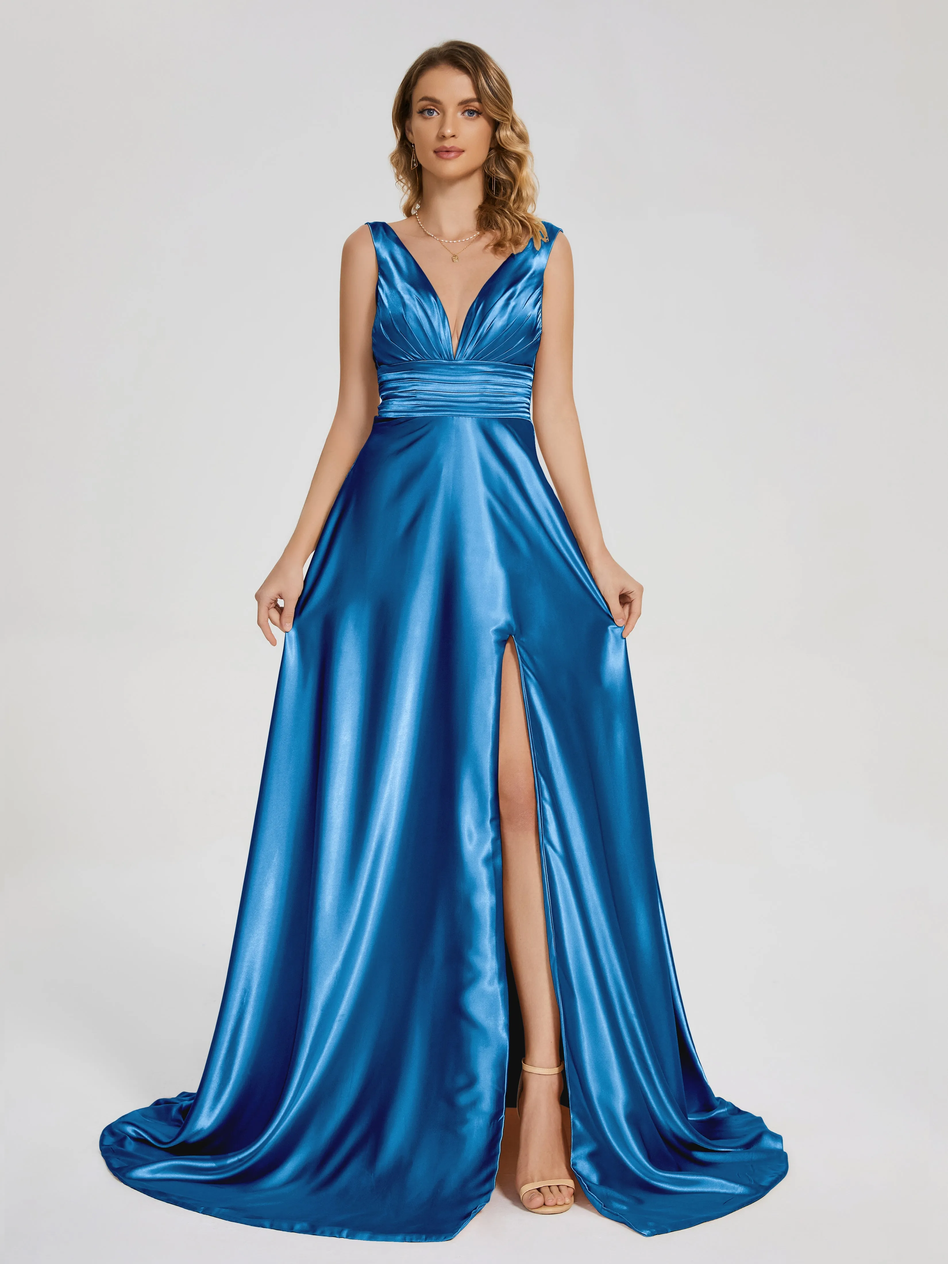 Kali Gorgeous Sweep Train Long Soft Satin Dresses