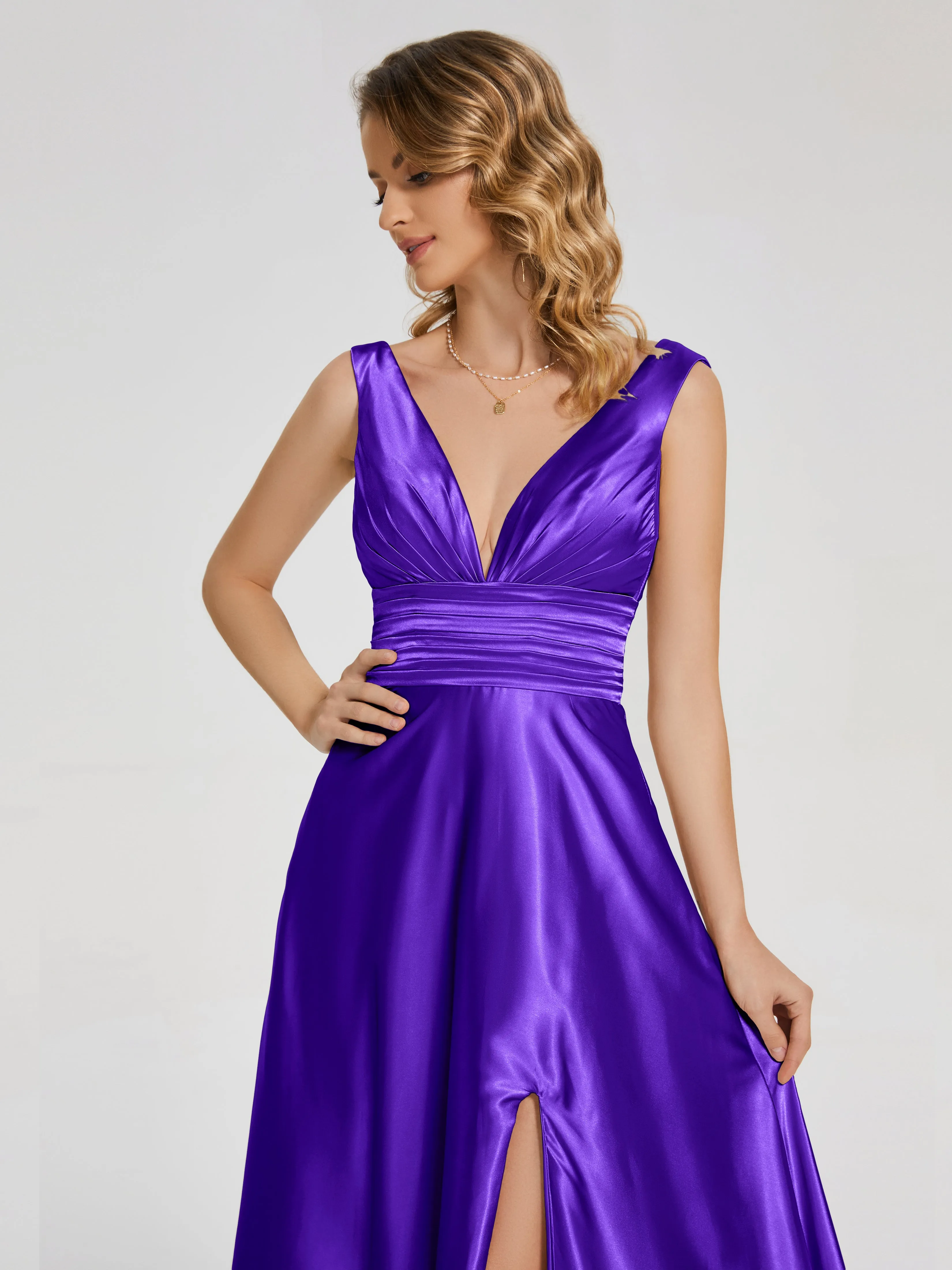 Kali Gorgeous Sweep Train Long Soft Satin Dresses