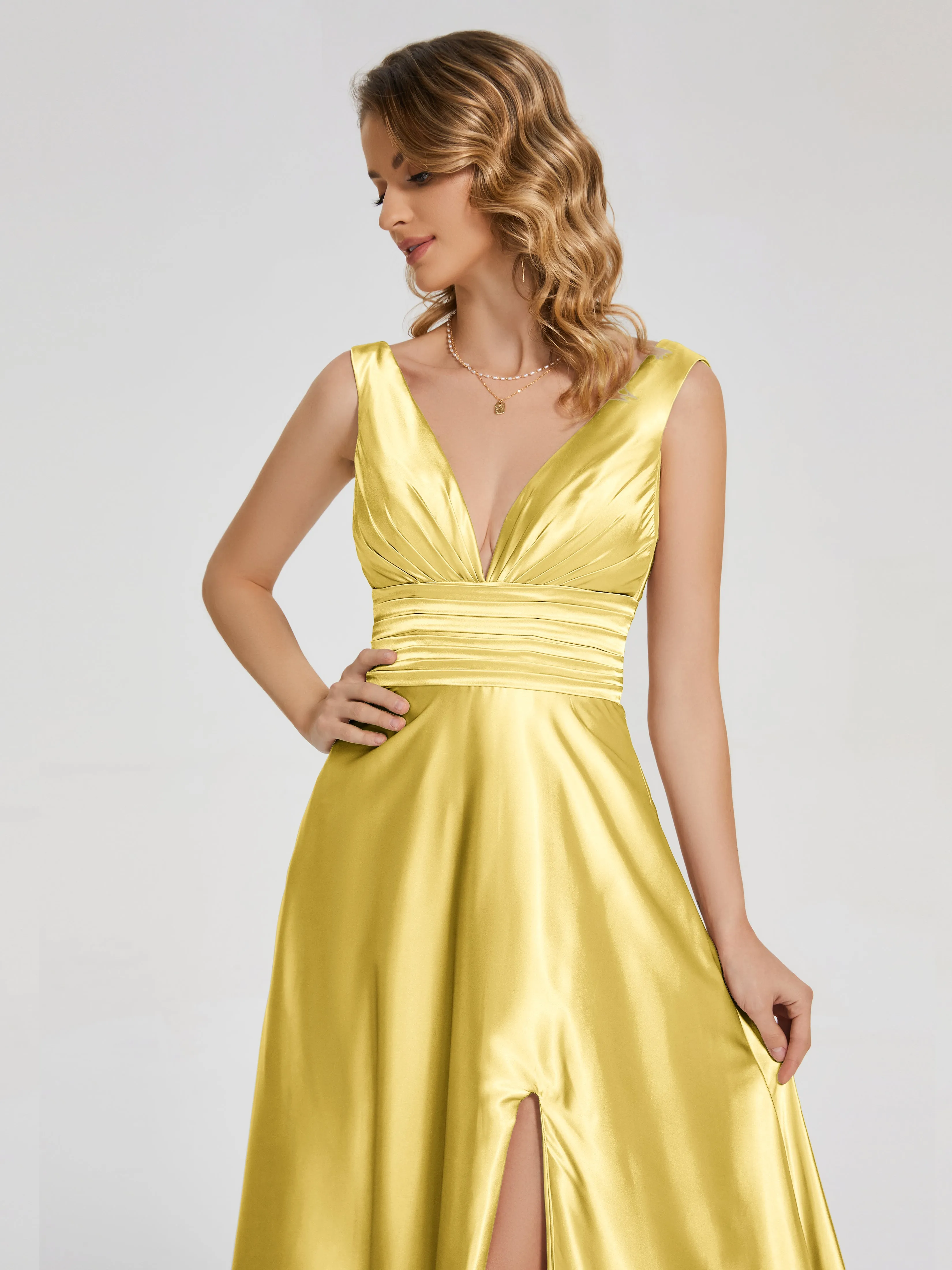 Kali Gorgeous Sweep Train Long Soft Satin Dresses