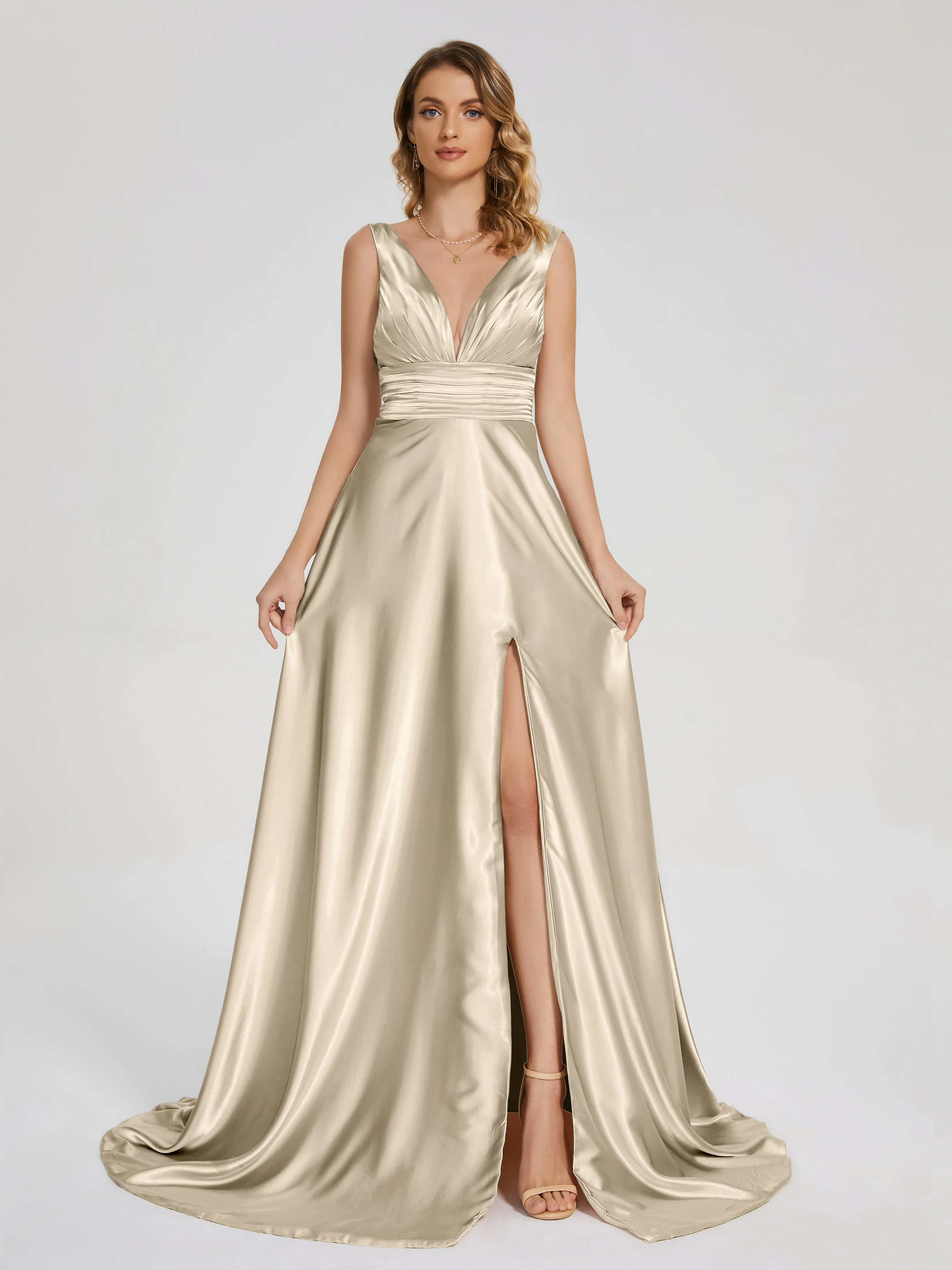 Kali Gorgeous Sweep Train Long Soft Satin Dresses