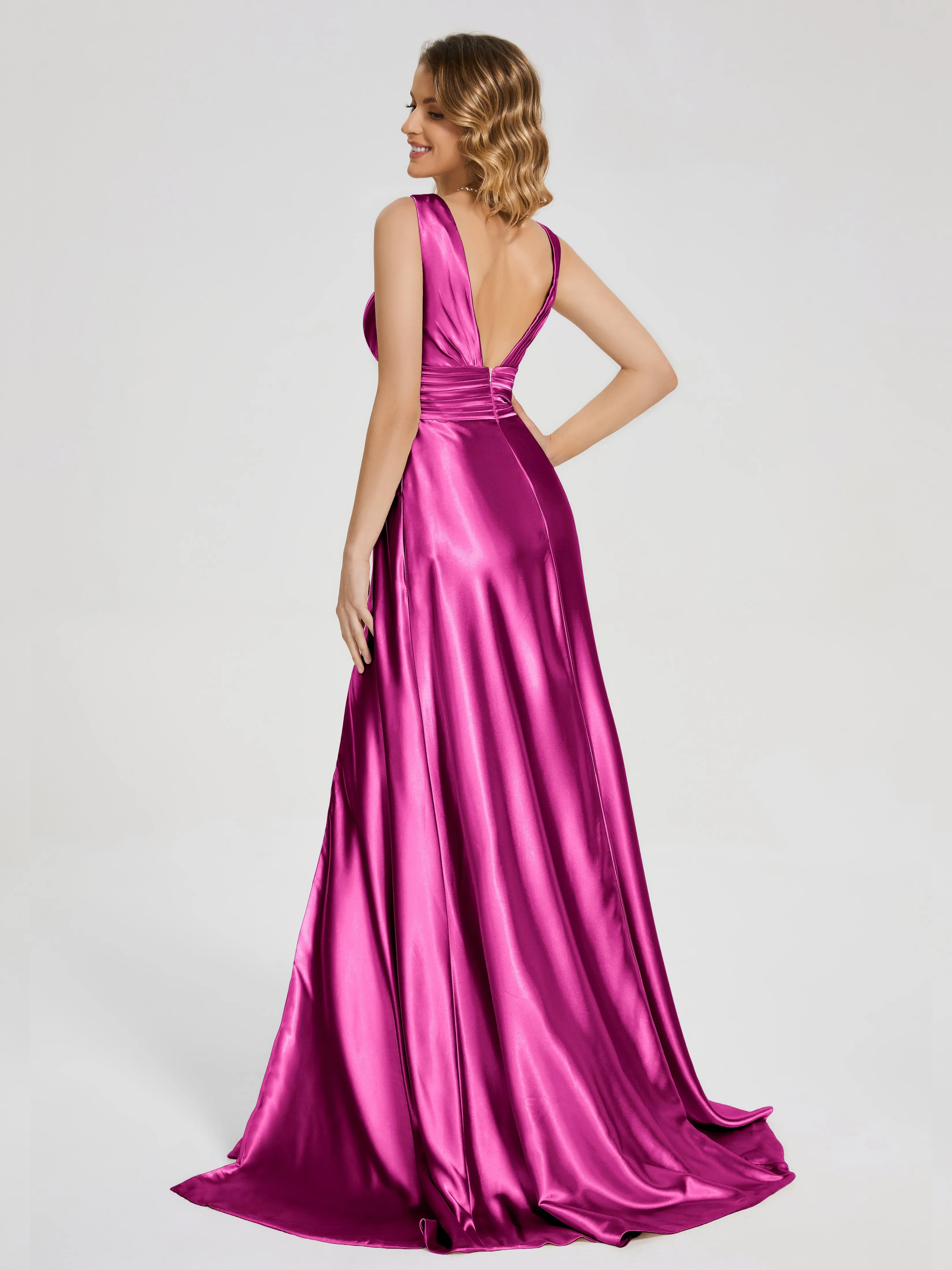 Kali Gorgeous Sweep Train Long Soft Satin Dresses