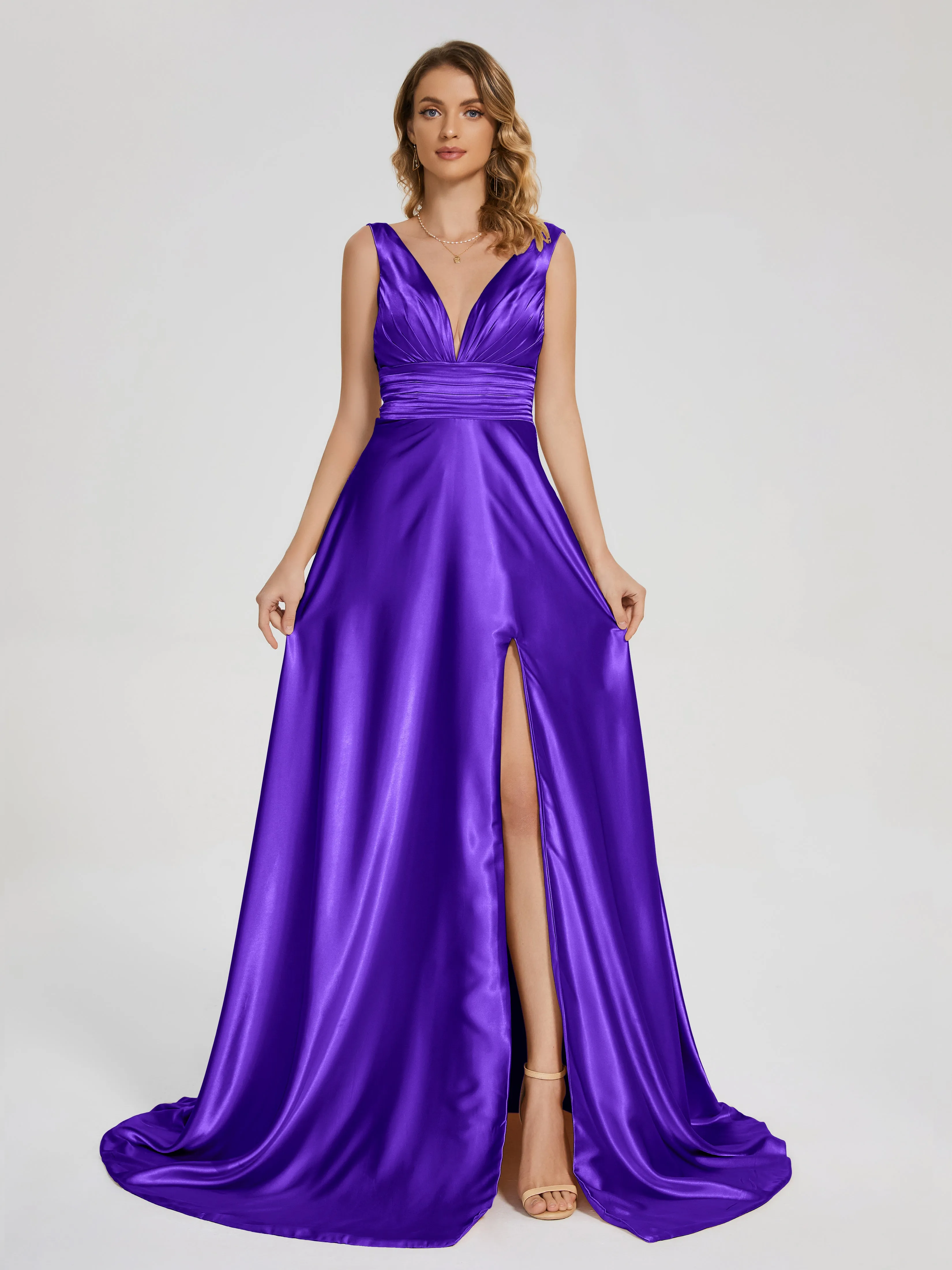 Kali Gorgeous Sweep Train Long Soft Satin Dresses