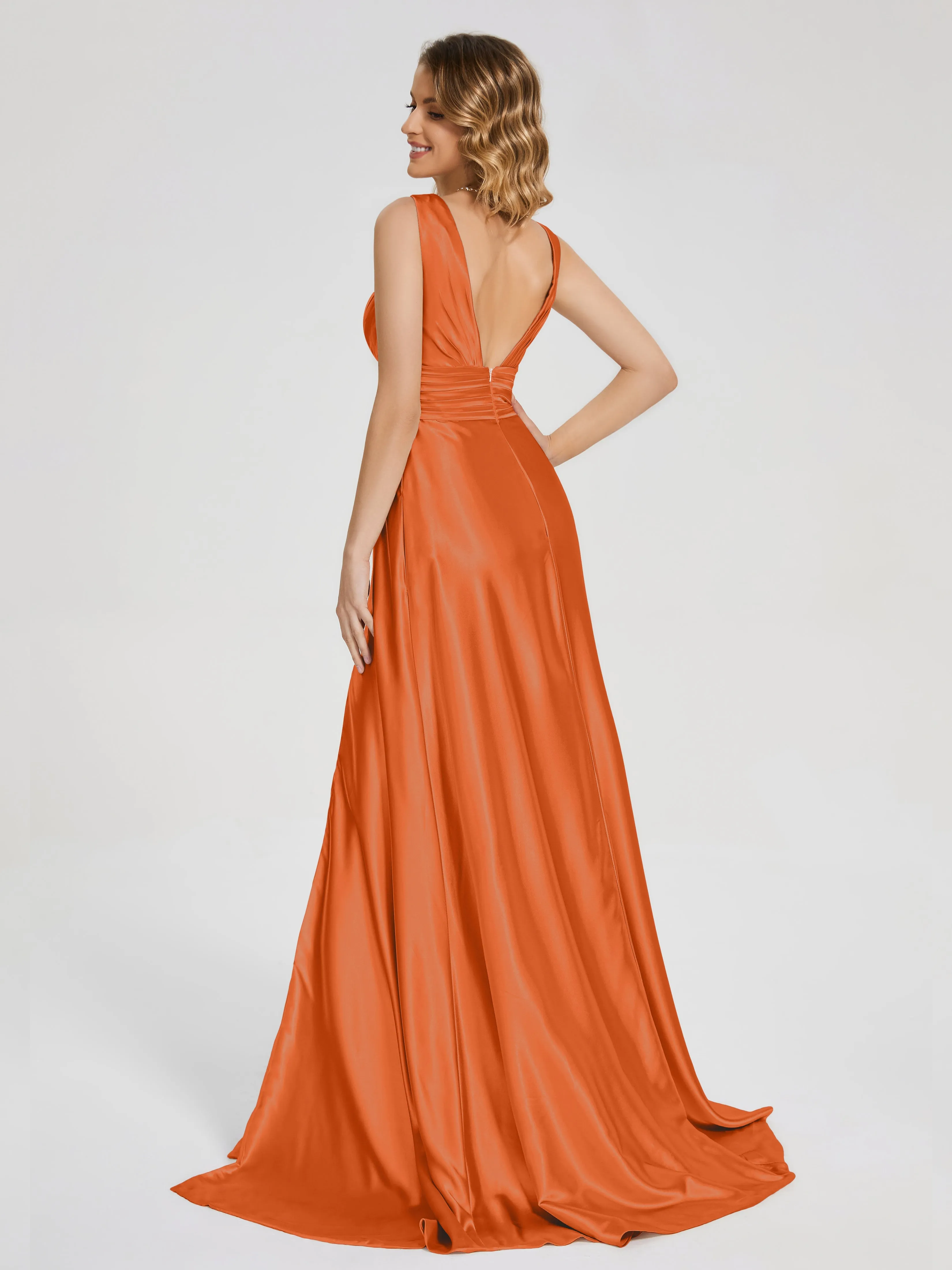 Kali Gorgeous Sweep Train Long Soft Satin Dresses