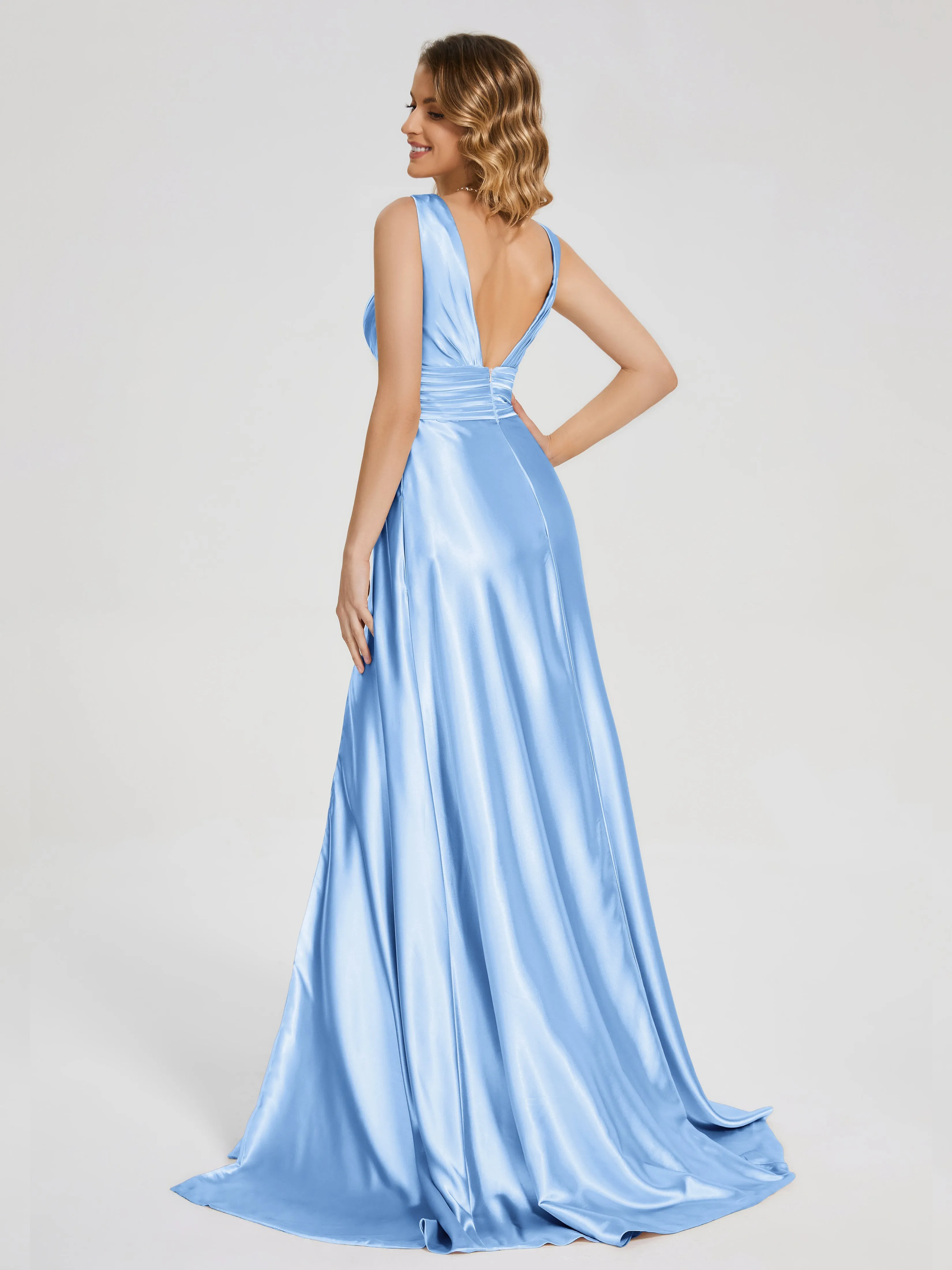 Kali Gorgeous Sweep Train Long Soft Satin Dresses