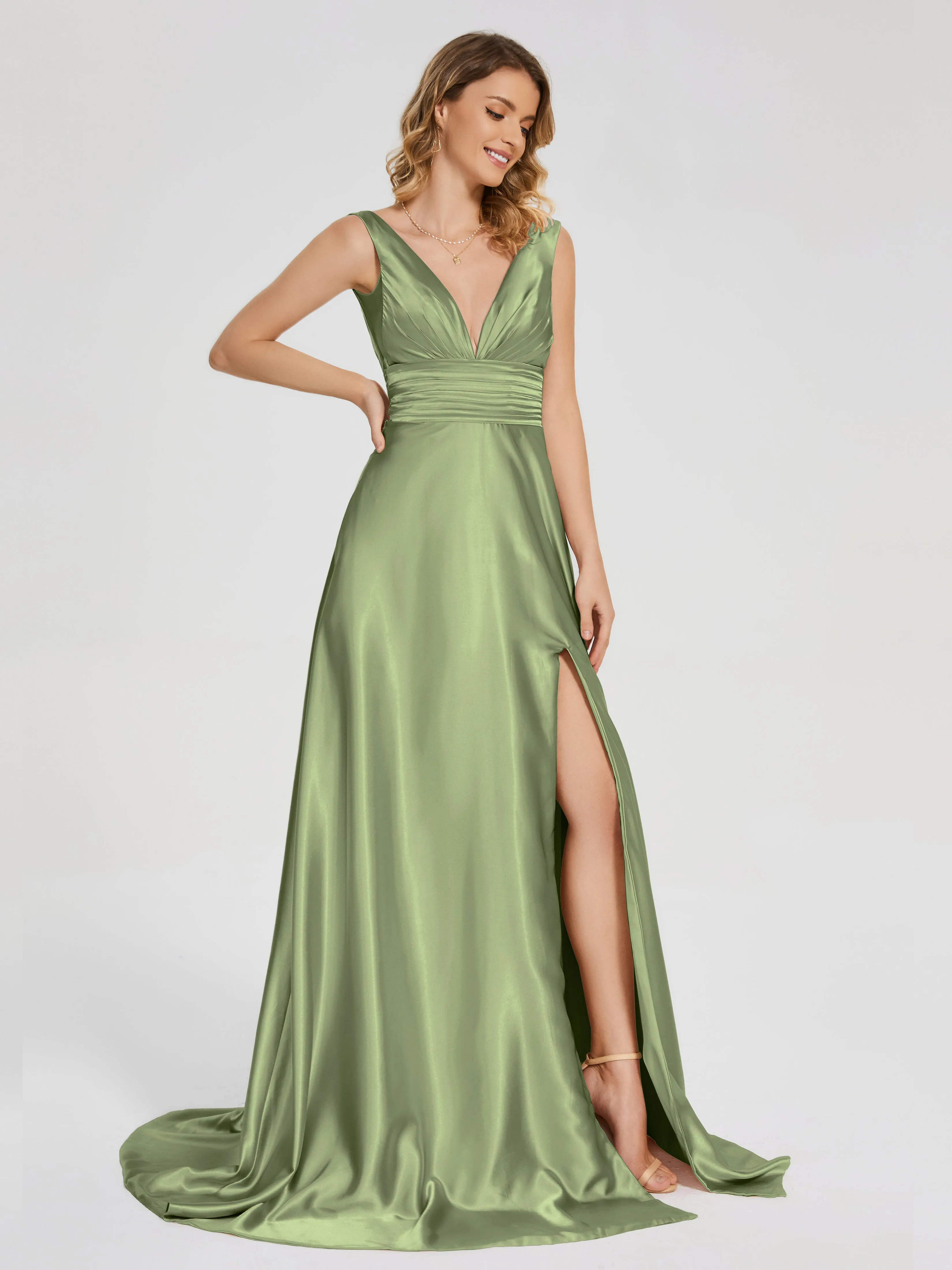 Kali Gorgeous Sweep Train Long Soft Satin Dresses