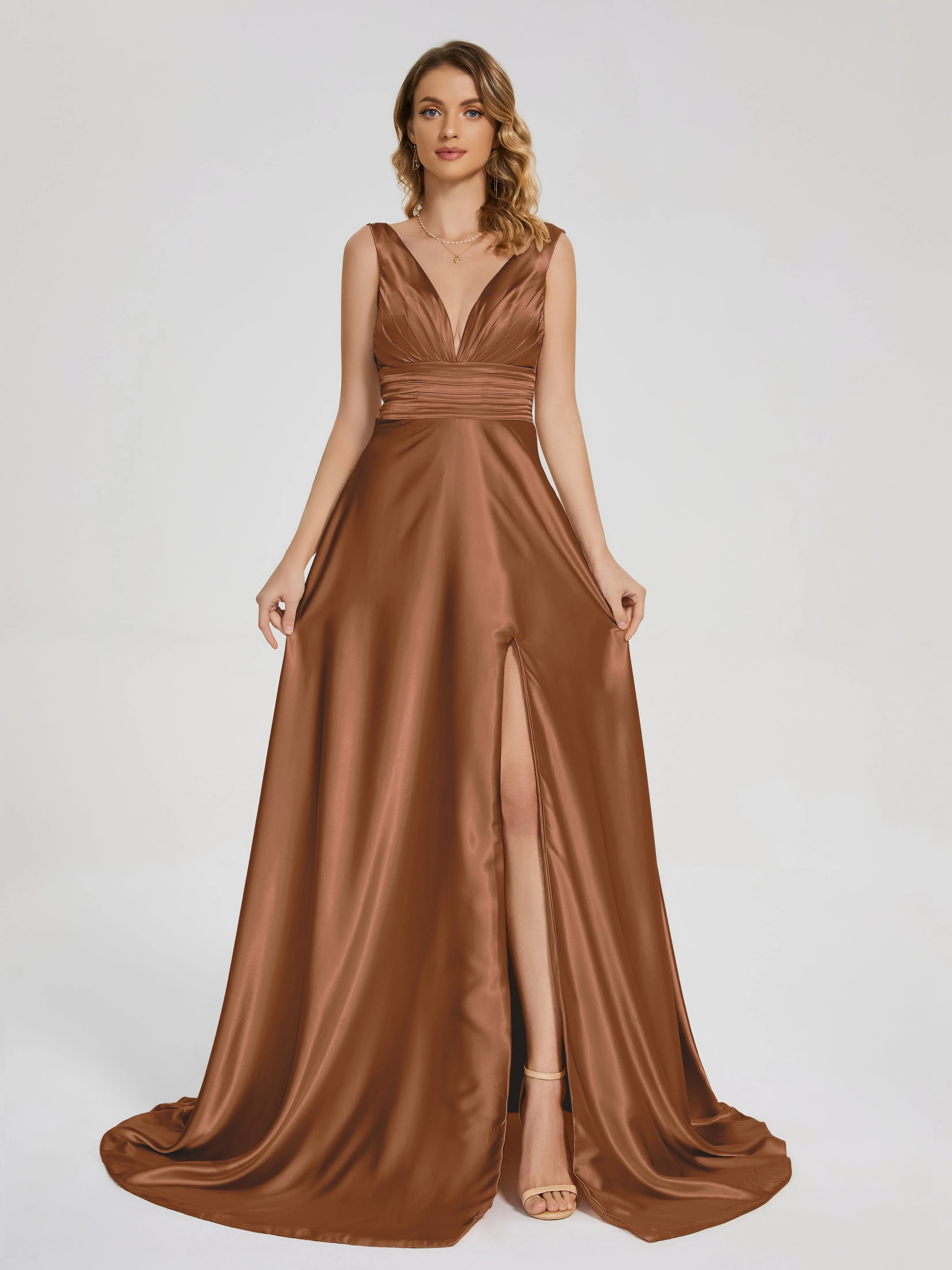 Kali Gorgeous Sweep Train Long Soft Satin Dresses