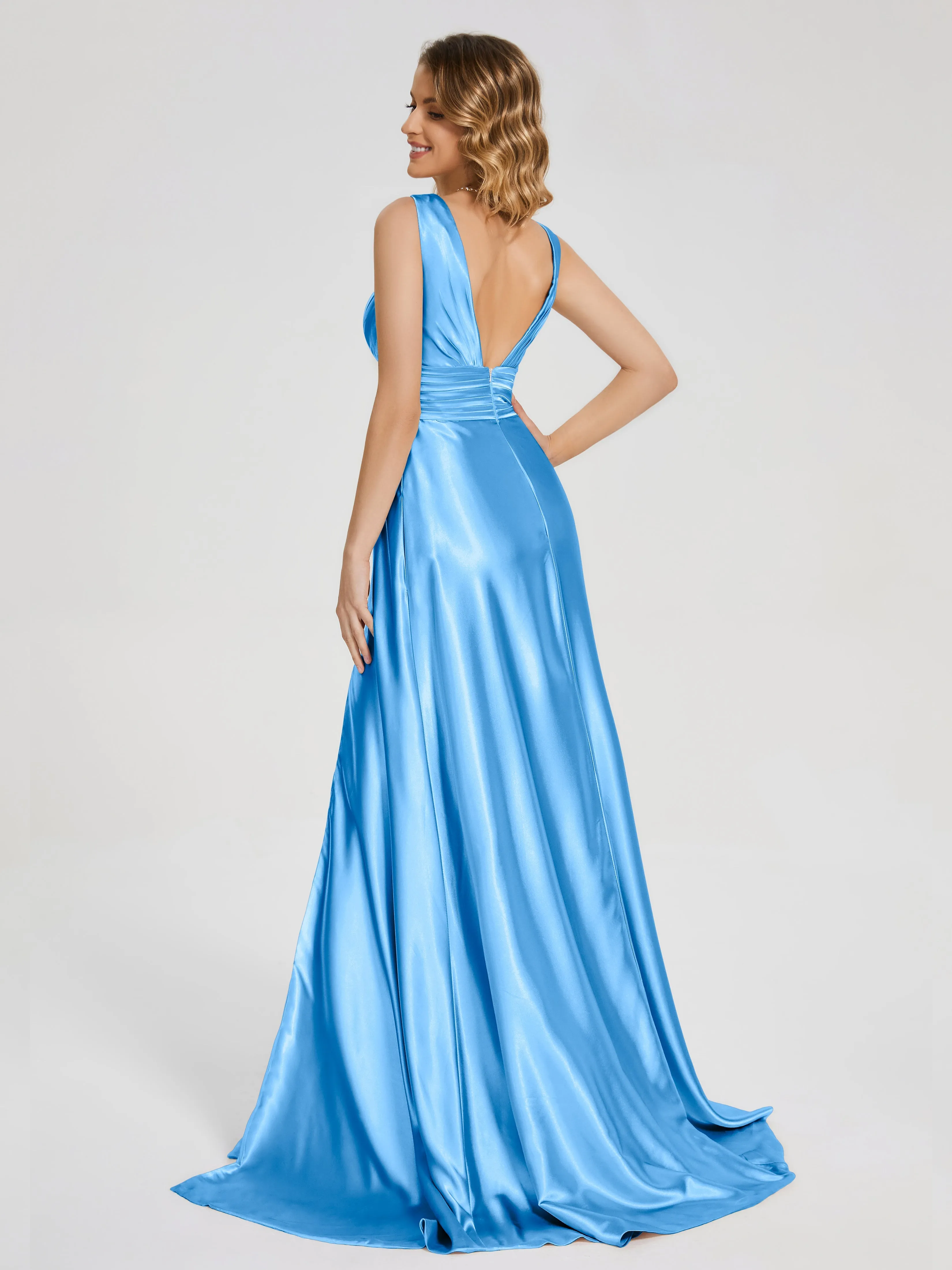 Kali Gorgeous Sweep Train Long Soft Satin Dresses