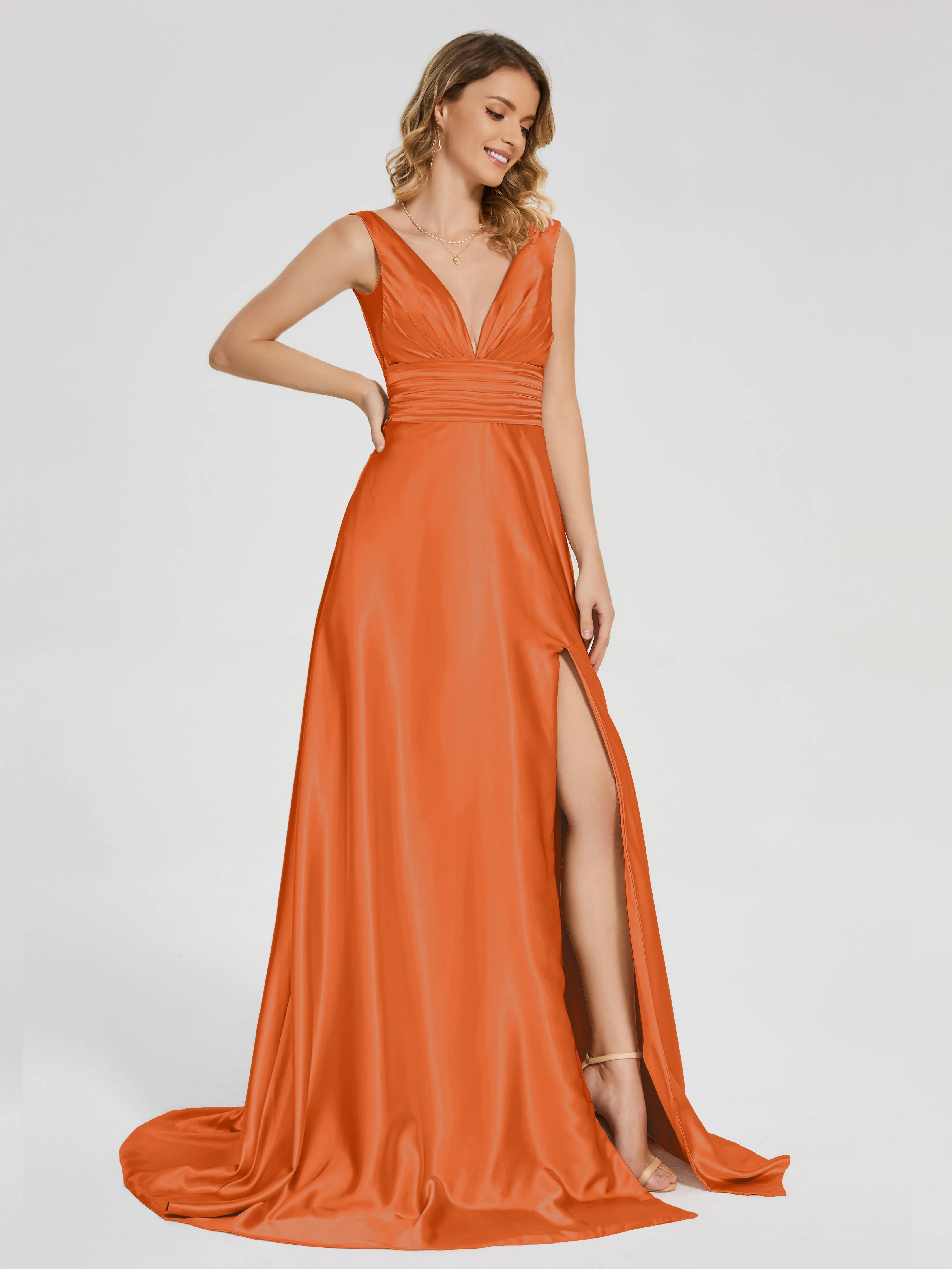 Kali Gorgeous Sweep Train Long Soft Satin Dresses