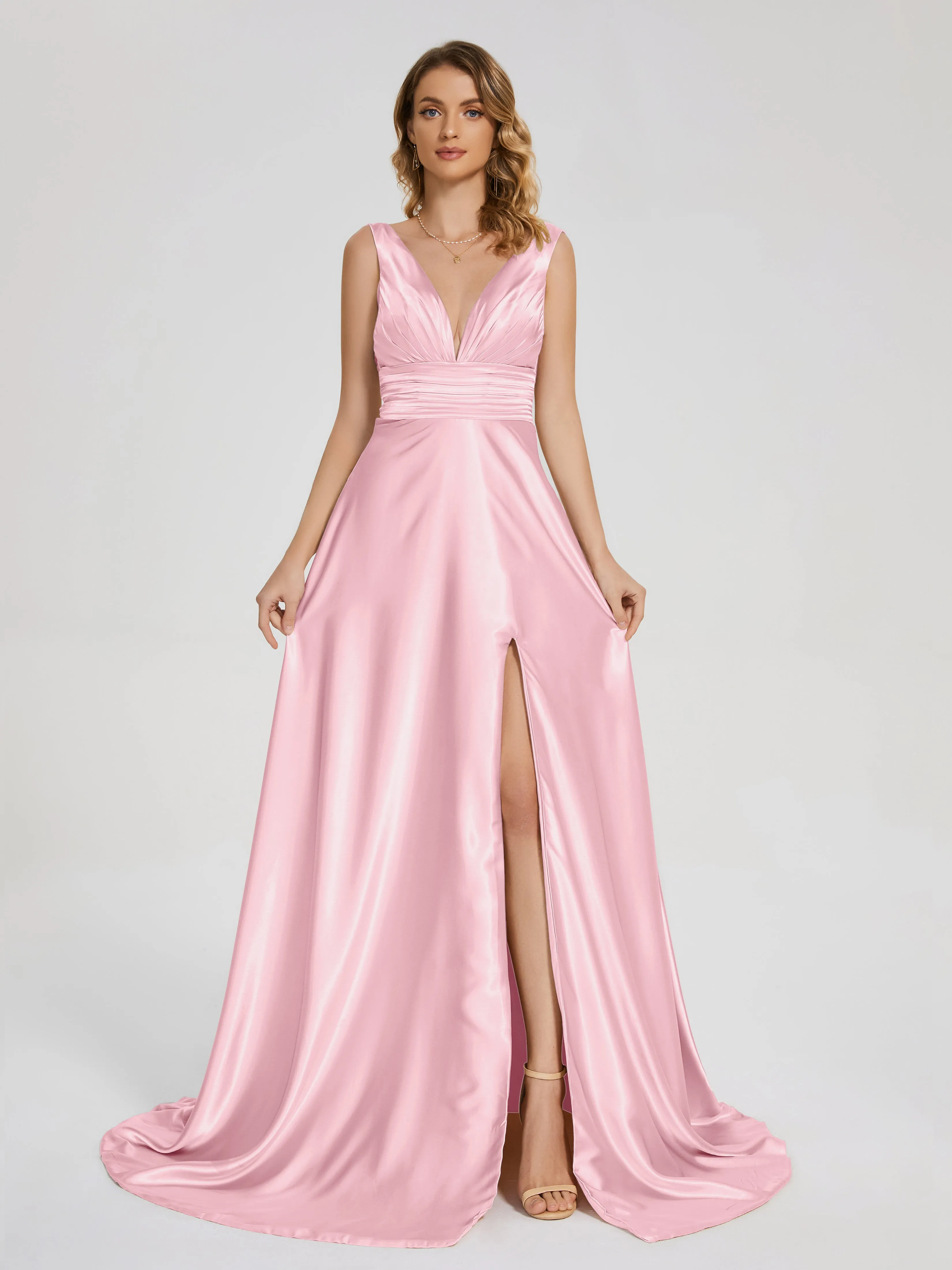 Kali Gorgeous Sweep Train Long Soft Satin Dresses