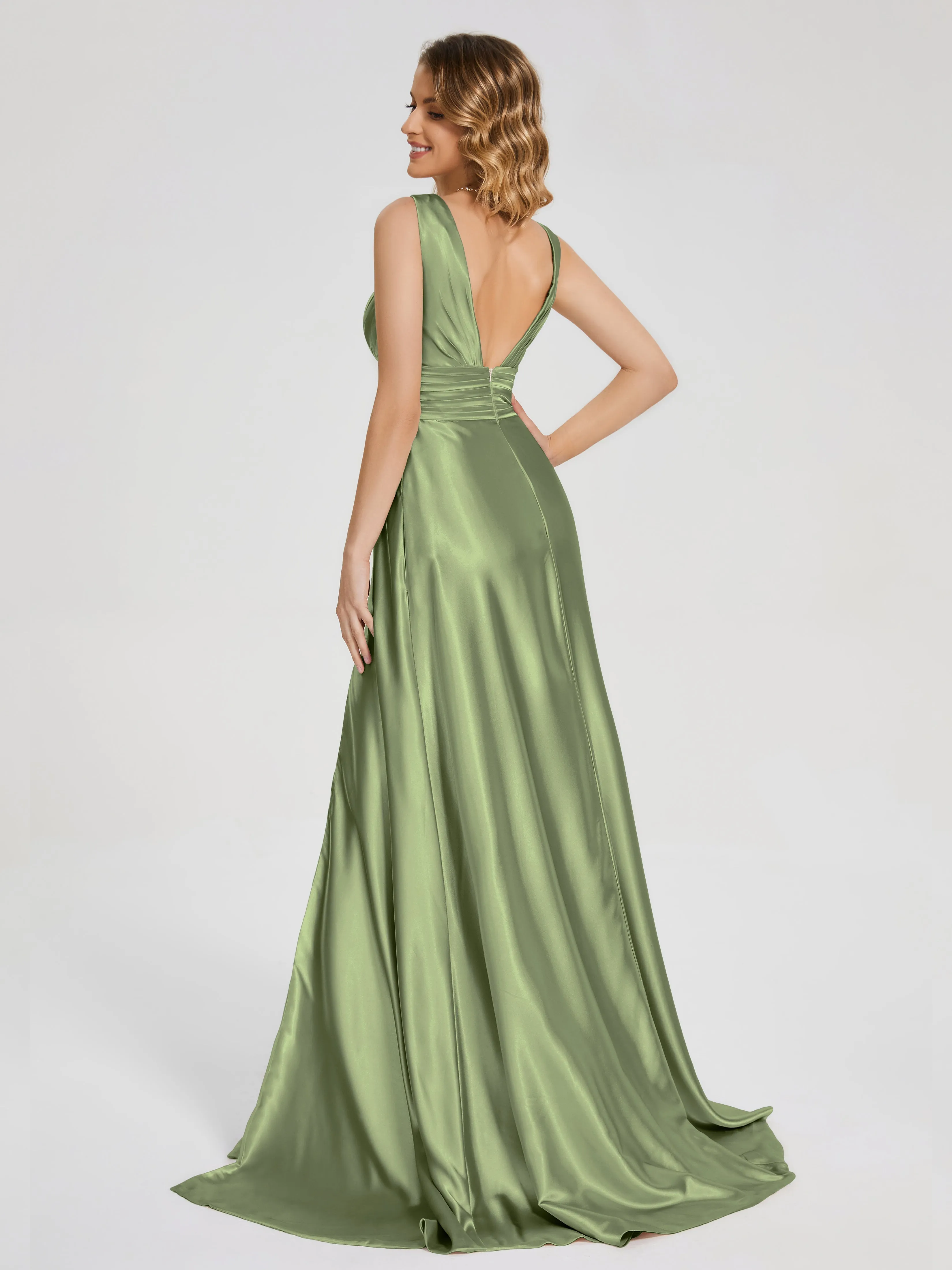 Kali Gorgeous Sweep Train Long Soft Satin Dresses