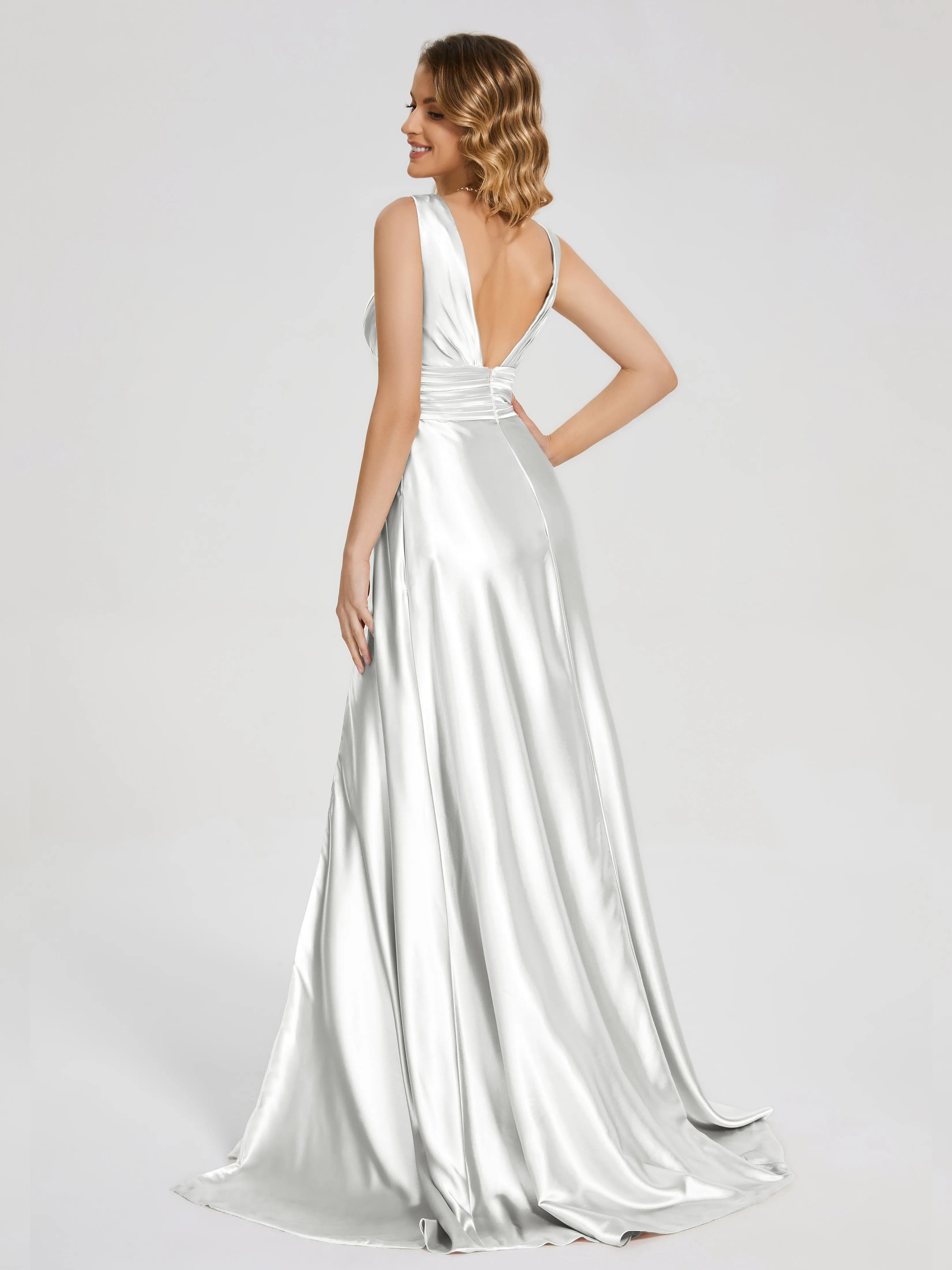 Kali Gorgeous Sweep Train Long Soft Satin Dresses