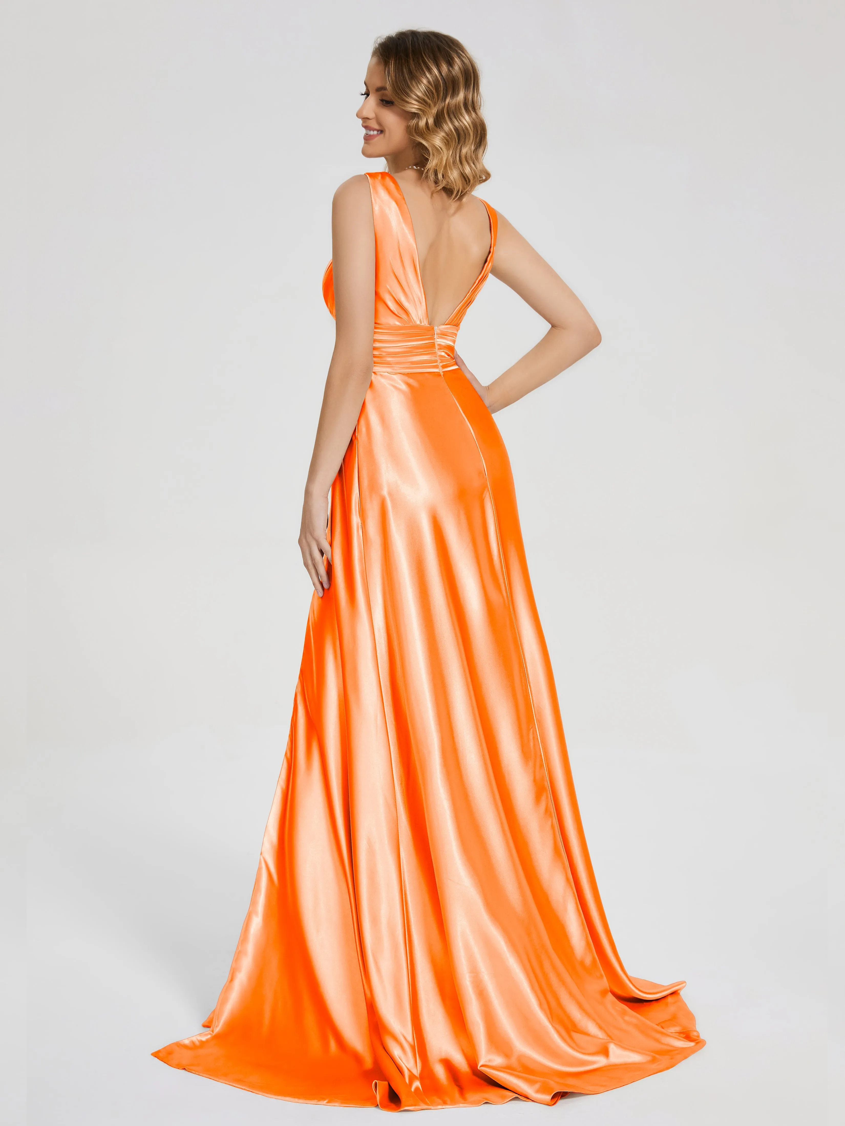 Kali Gorgeous Sweep Train Long Soft Satin Dresses