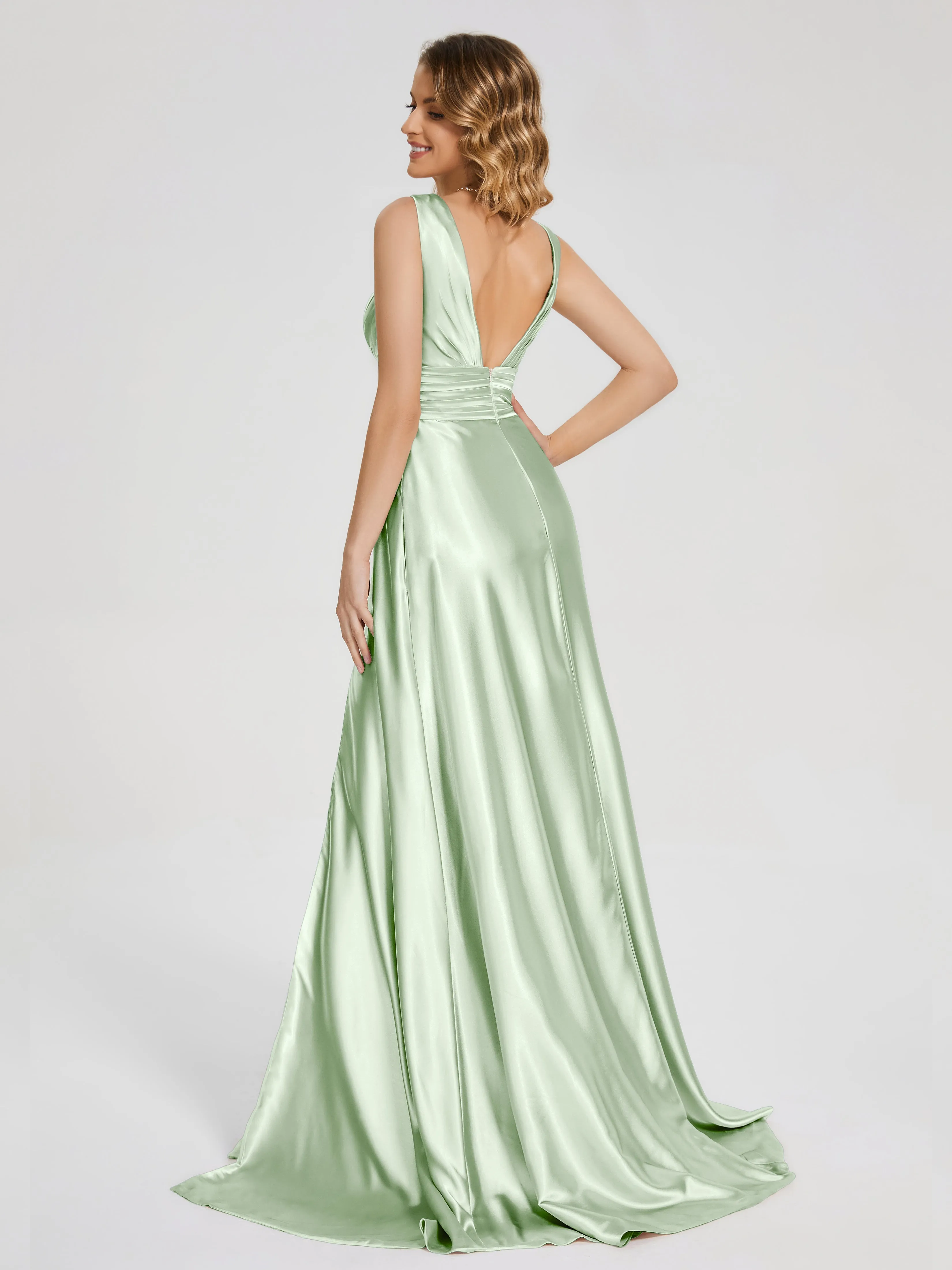 Kali Gorgeous Sweep Train Long Soft Satin Dresses