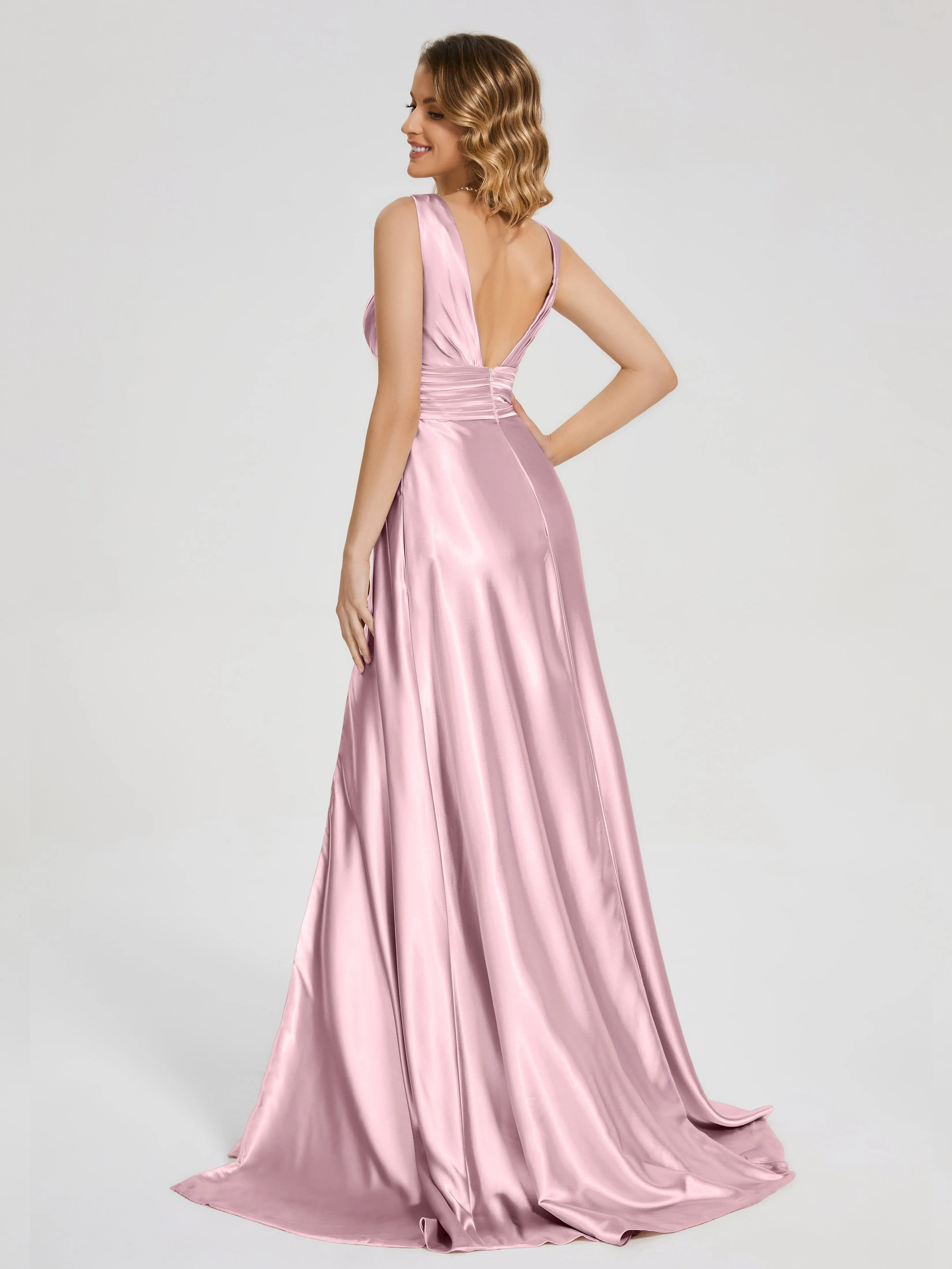 Kali Gorgeous Sweep Train Long Soft Satin Dresses