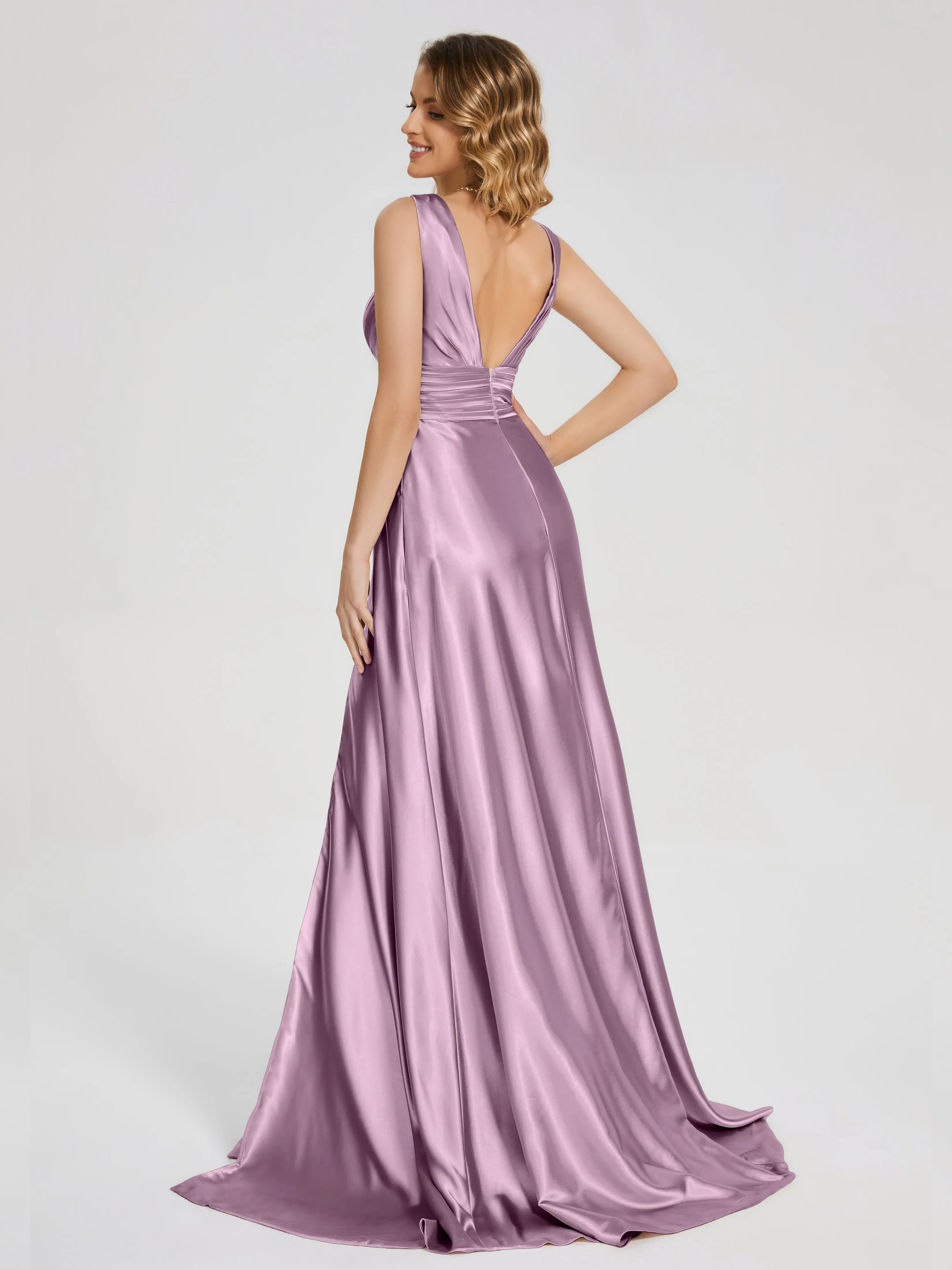 Kali Gorgeous Sweep Train Long Soft Satin Dresses