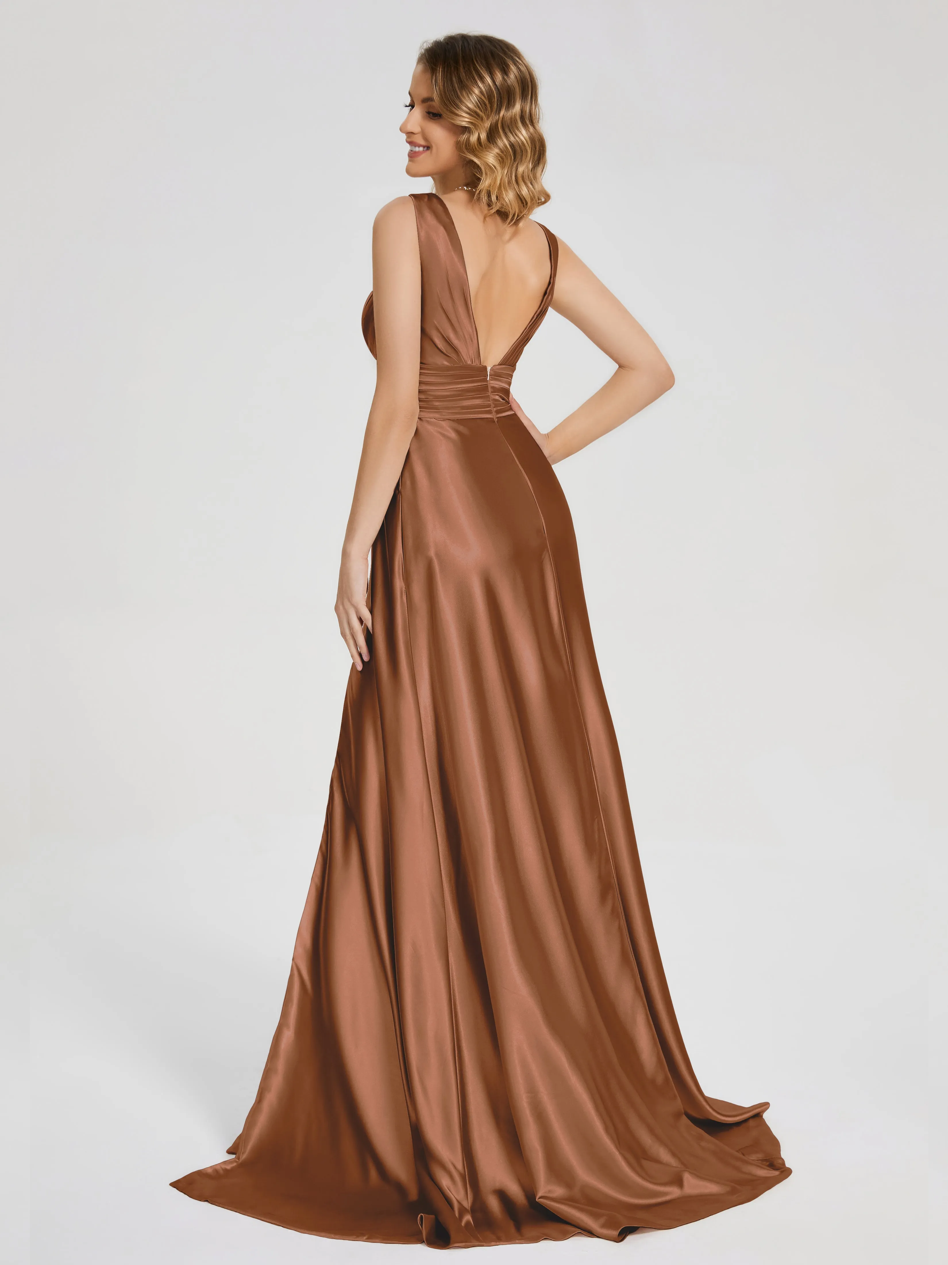 Kali Gorgeous Sweep Train Long Soft Satin Dresses