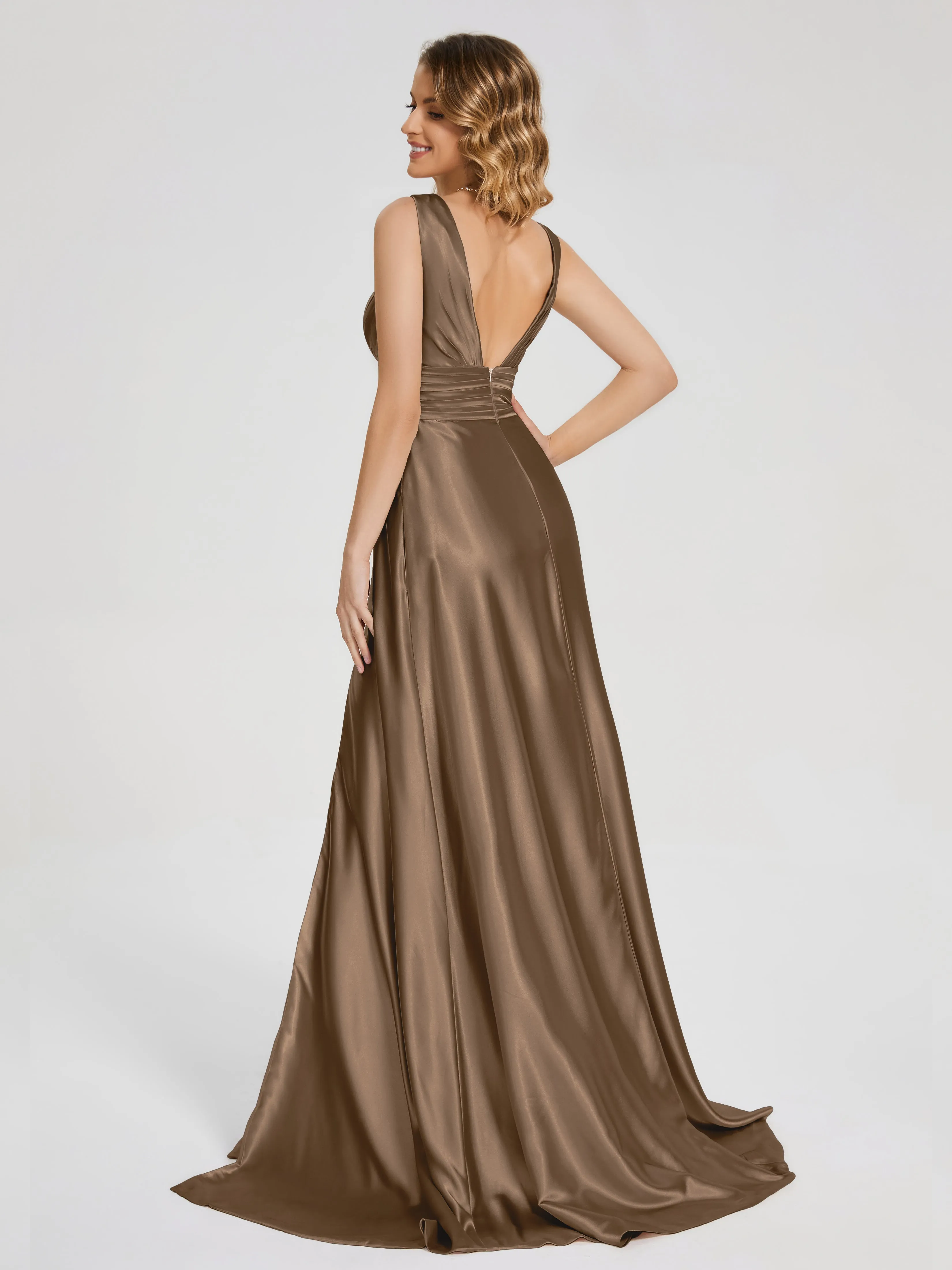 Kali Gorgeous Sweep Train Long Soft Satin Dresses