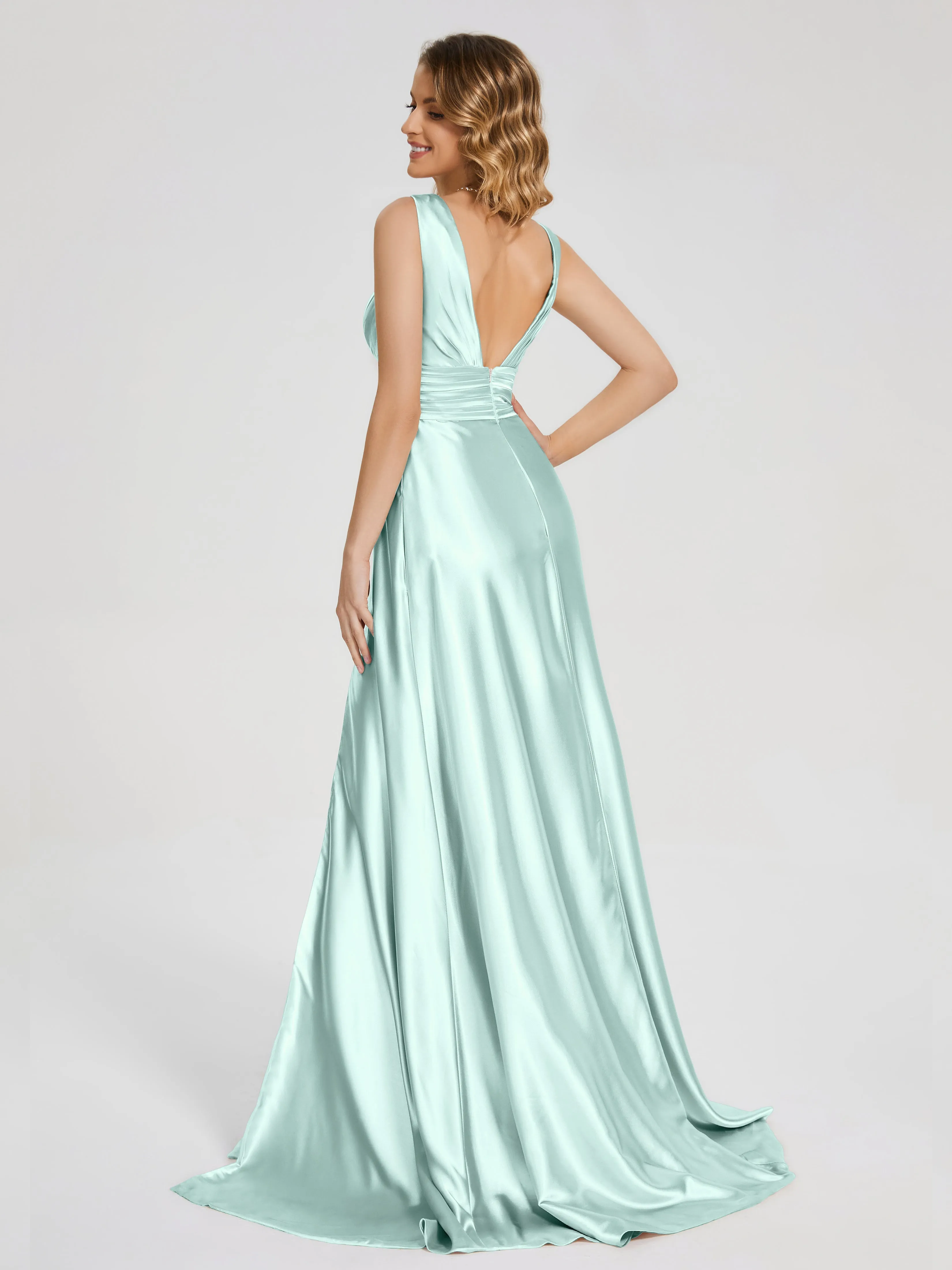 Kali Gorgeous Sweep Train Long Soft Satin Dresses