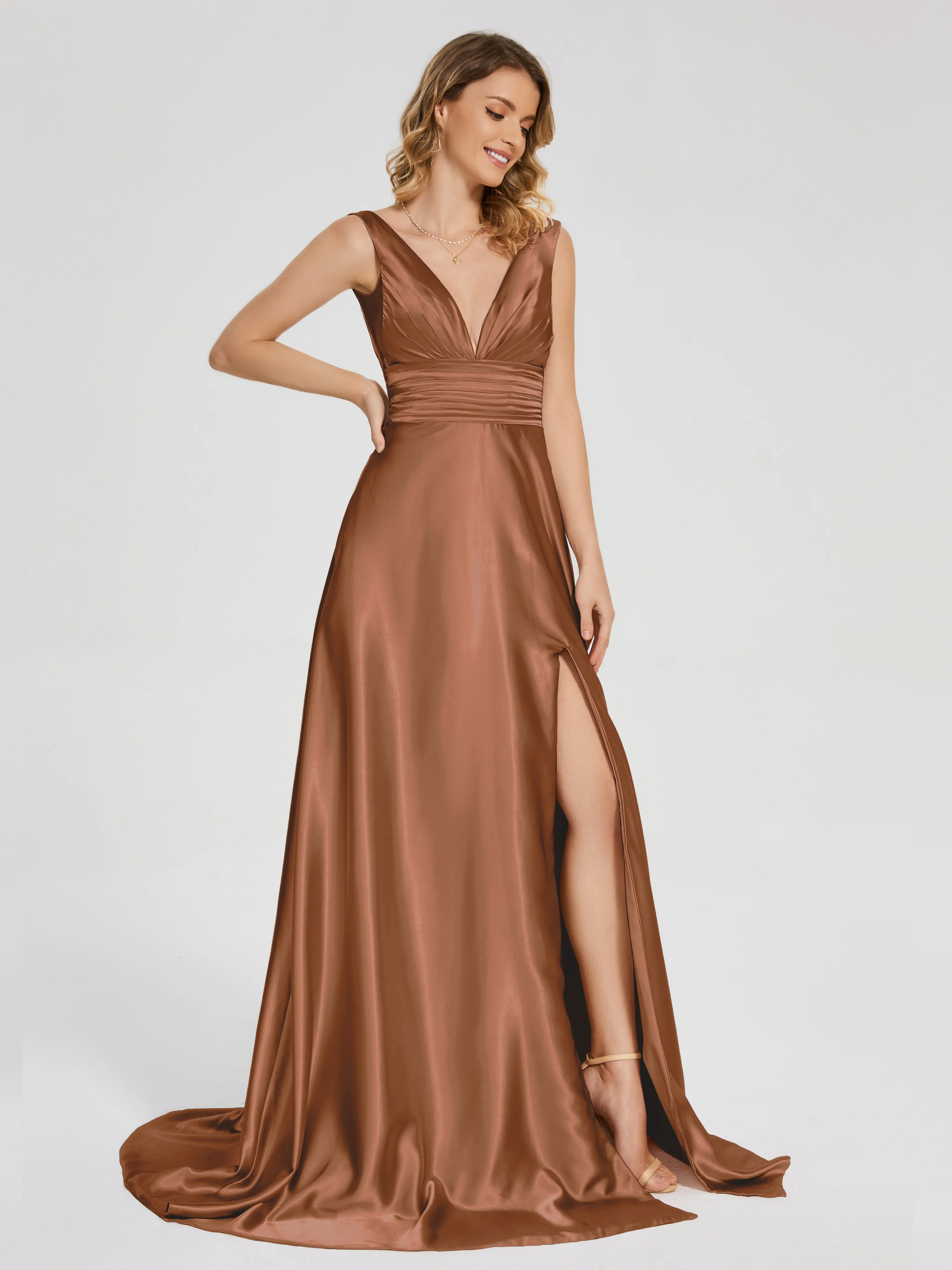 Kali Gorgeous Sweep Train Long Soft Satin Dresses